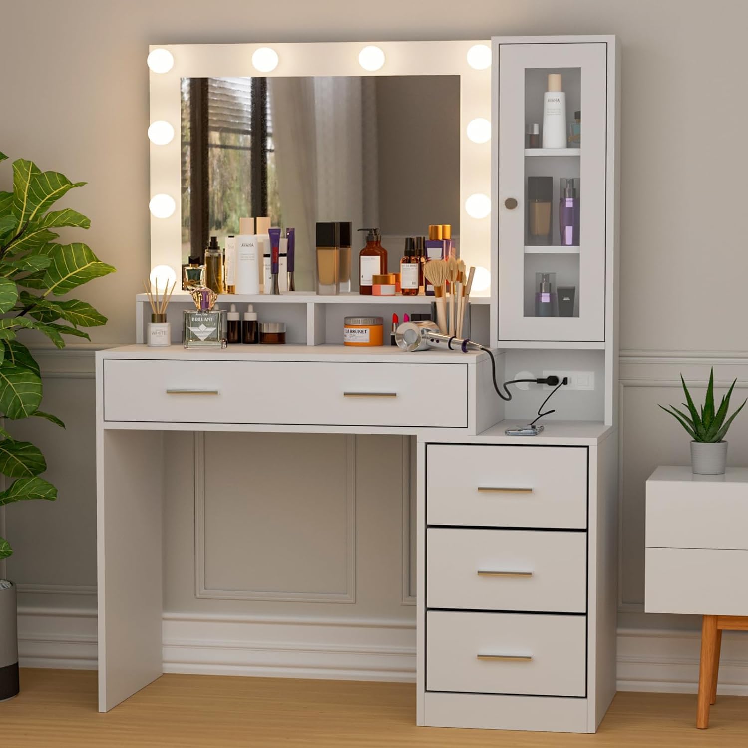 Likein Makeup Vanity with Mirror & Lights - Dressing Table with Charging Station & Drawers for Bedroom Beauty Routine