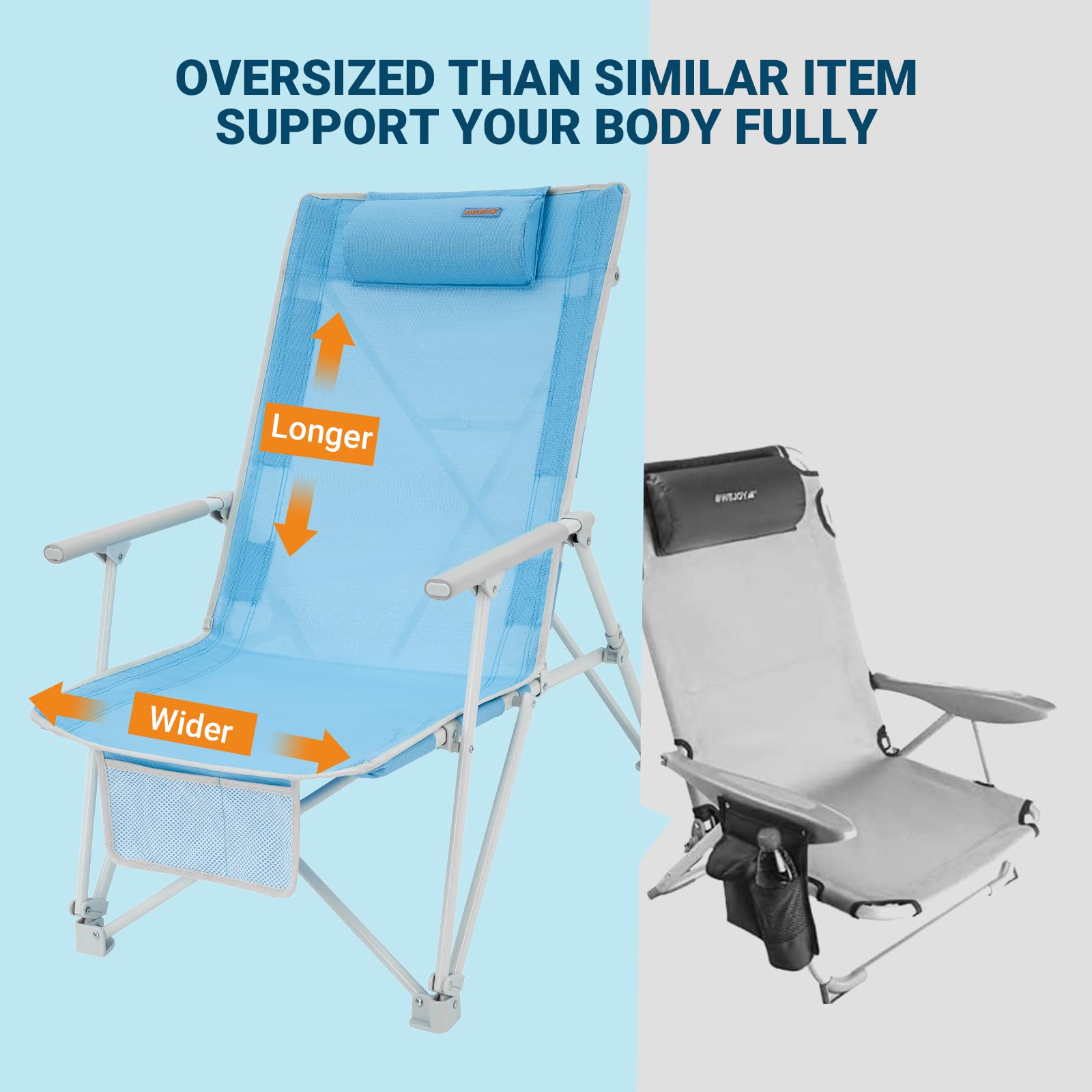 WEJOY 2 Pack Low Beach Chairs - Portable Folding High Back Lawn Chairs for Adults with Armrest & Headrest, 300lbs Capacity - Perfect for Beach, Camping, Concerts & Outdoor Events