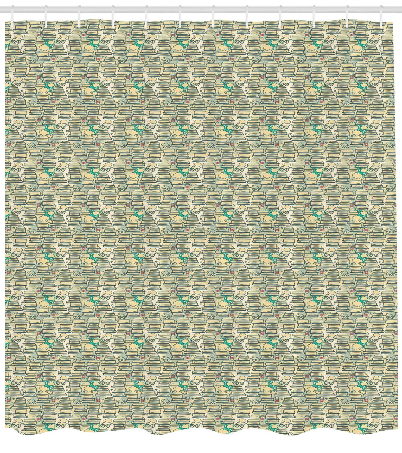 Ambesonne Book Lover Shower Curtain - Vintage Book Stack Design with Glasses, Hearts & Coffee Cups - 69x84 Inch Cream Almond Green Fabric Bathroom Decor - Perfect for Bookworms, College Dorms & Cozy Home Libraries