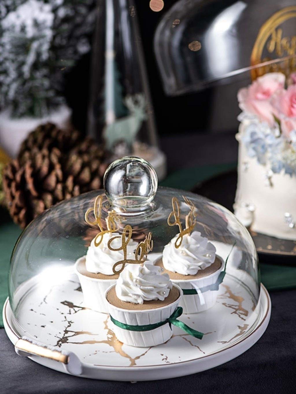 Elegant Black Marble Textured Porcelain Cake Stand - 10 Inch Retro Dessert Platter for Party, Wedding & Afternoon Tea Display - Perfect for Cakes, Cupcakes, Fruit & Snacks with Glass Dome Cover