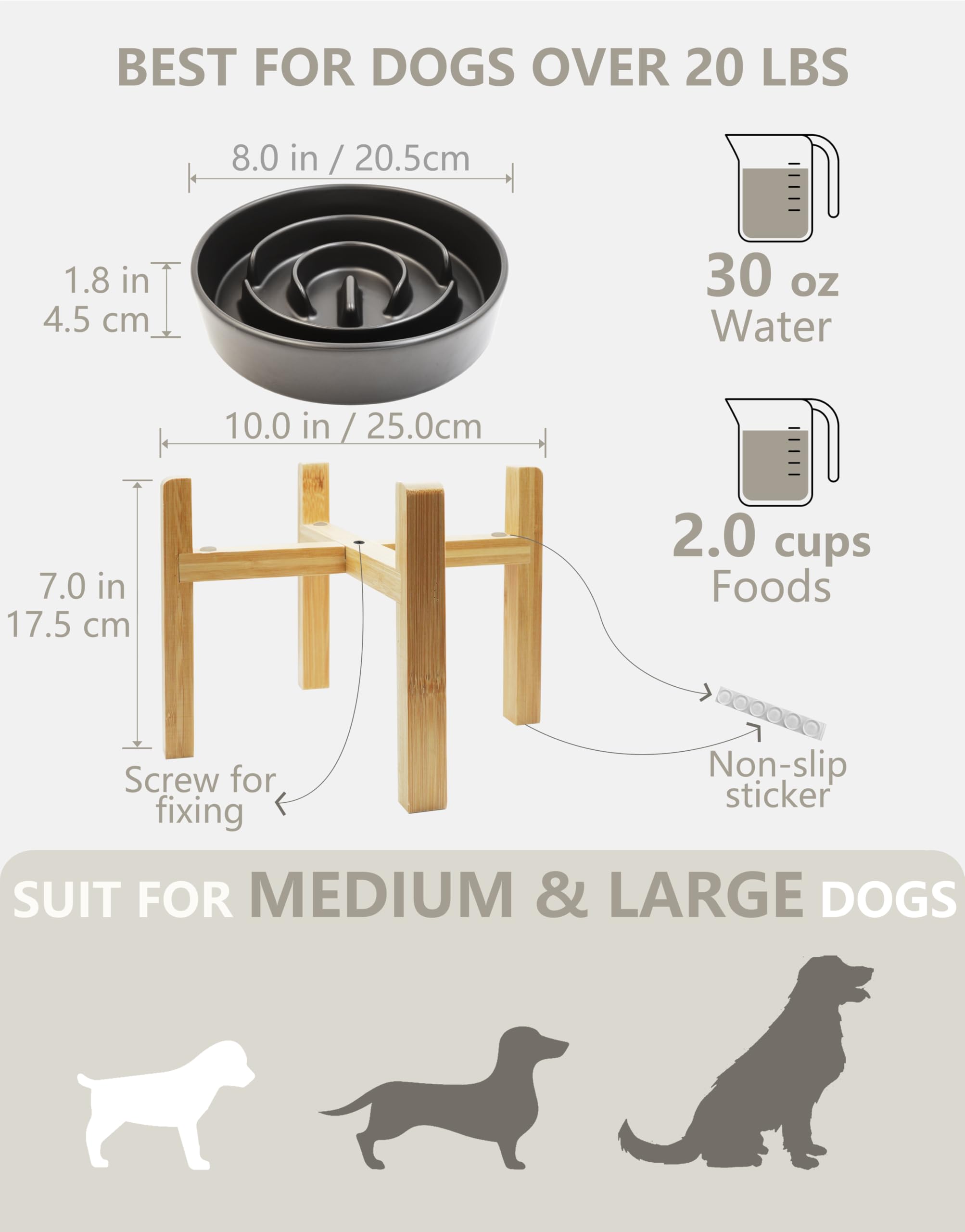Ceramic Slow Feeder Dog Bowl - 2 Cup Elevated Puzzle Maze Bowl for Medium & Large Dogs - 30oz (8 Inch) Black - Helps Prevent Bloat & Improve Digestion - Perfect for Fast Eaters & Mealtime Enrichment
