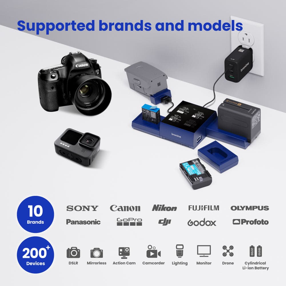 Bronine Multi Brand 4 Port USB Camera Charging Station - Fast Charging for DSLR, Mirrorless & Action Cameras - Perfect for Photographers, Vloggers & Travel Enthusiasts