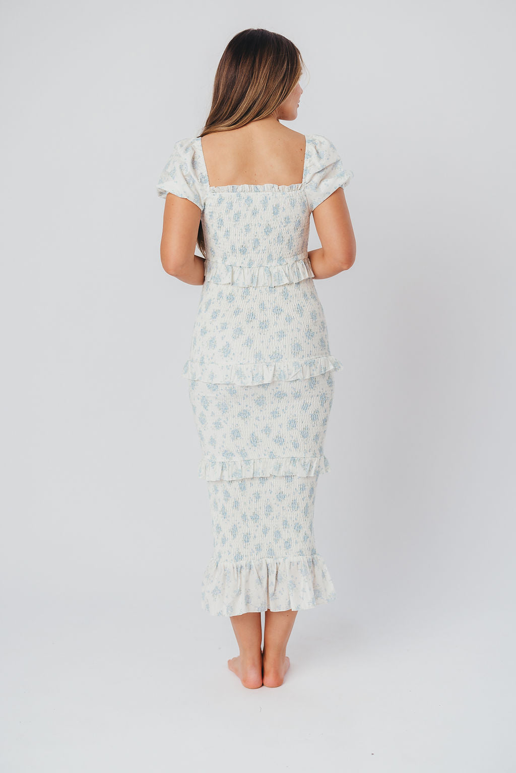Ada Smocked Dress in Blue Floral - Bump Friendly Maternity Dress with Inclusive Sizing (S-3XL) | Perfect for Baby Showers, Bridal Events & Summer Weddings