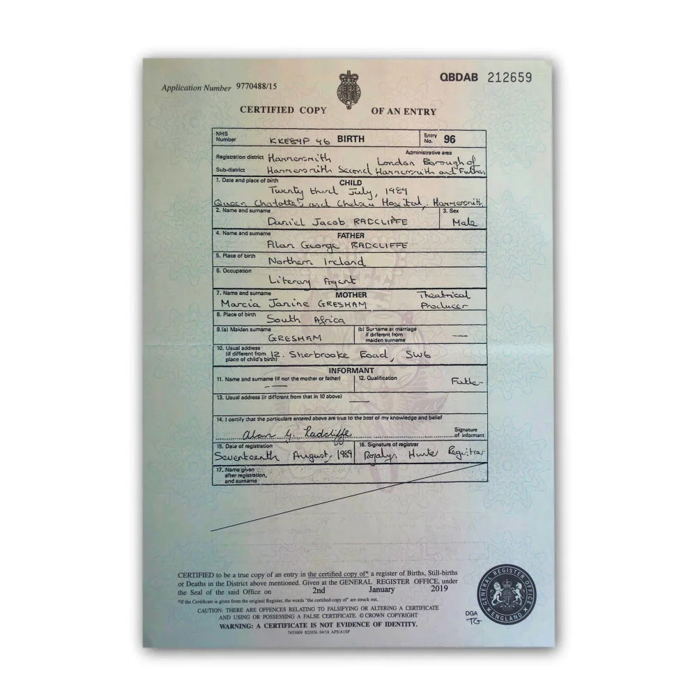 Daniel Radcliffe Certified UK Birth Certificate Copy - Authentic Harry Potter Memorabilia - Official J.K. Rowling Collection - Perfect for Fans, Collectors & Display