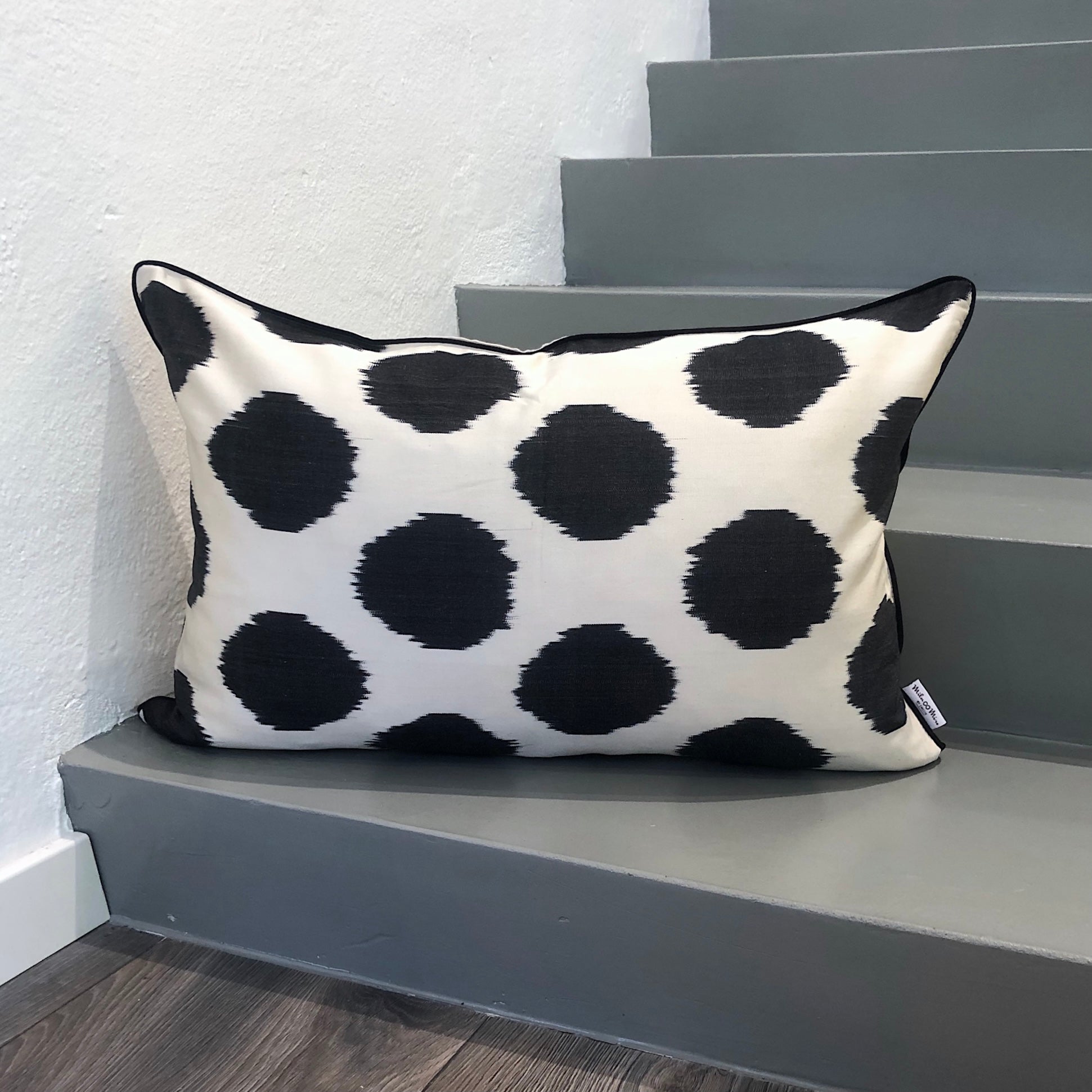 Black Silk Ikat Cushion Cover with Dots - Luxury Bohemian Throw Pillow Case for Sofa, Bed, Living Room Decor