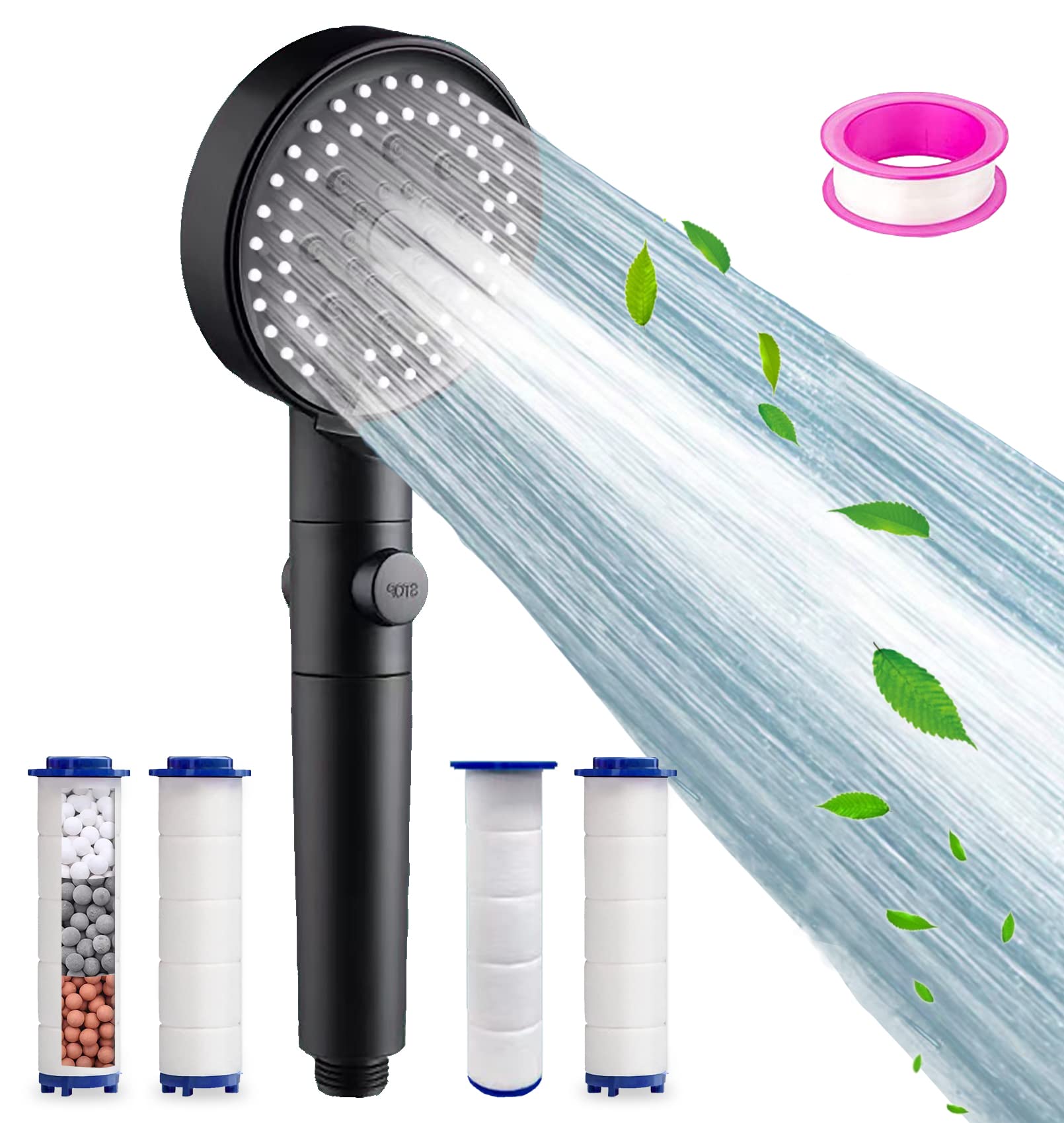 Filtered Shower Head with Minerals - 5 Spray Modes High Pressure Water Filter for Hard Water | Spa Shower Head with Softener | Reduces Dry Itchy Skin | Includes 4 PP-Cotton Replacement Filters | Perfect for Bathroom, Spa & Sensitive Skin Care