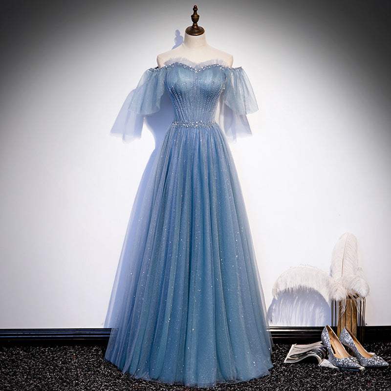 Elegant Off Shoulder Blue A-Line Tulle Prom Dress - Shiny Formal Evening Gown for Homecoming, Wedding & Special Occasions - Style 640