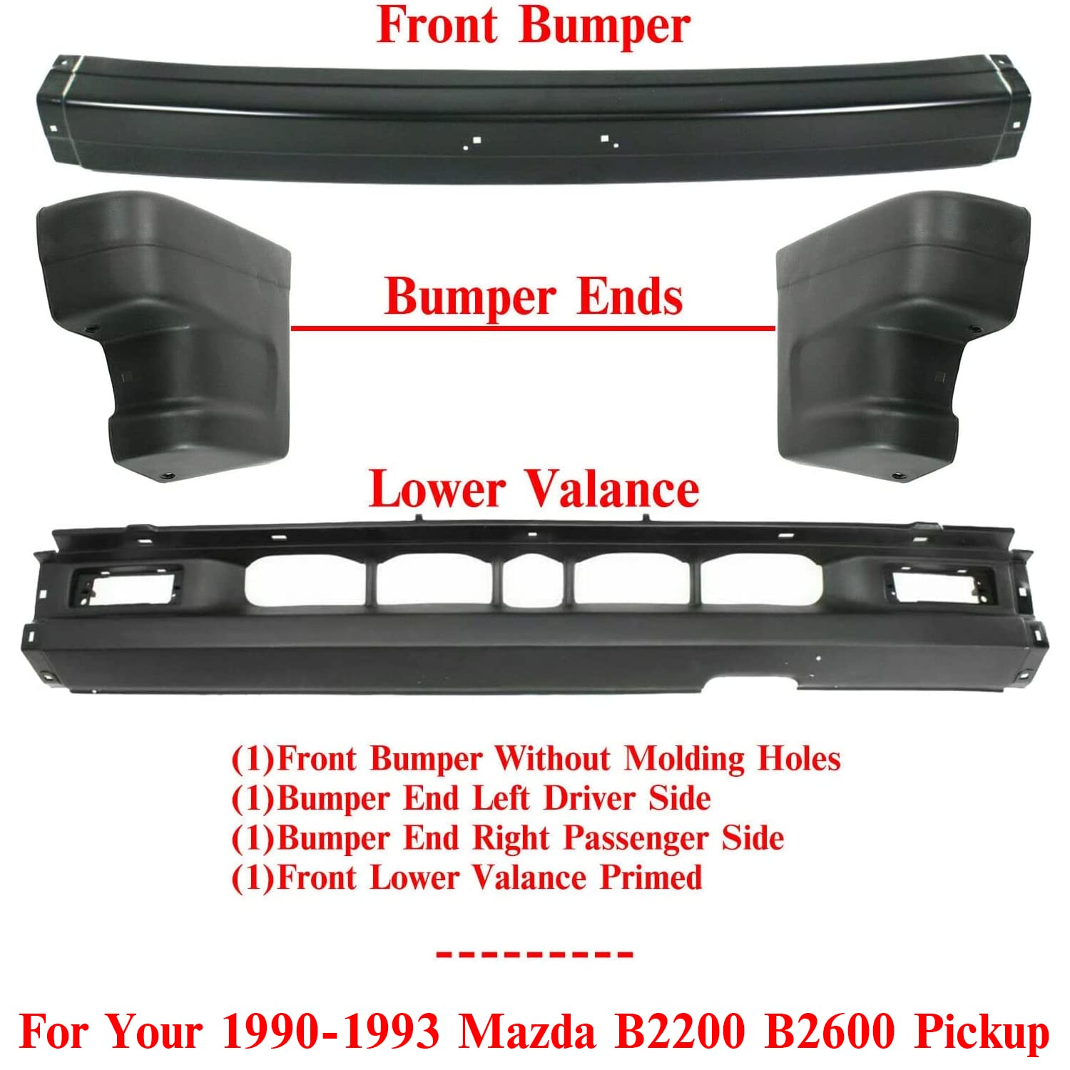 Primed Front Bumper with Lower Valance Panel & End Caps - Direct Replacement for 1990-1993 Mazda B2200/B2600 Pickup (Right Passenger & Left Driver Side) - Perfect for Truck Restoration & Off-Road Protection - Part #MA1004104, MA1002113, MA1095108