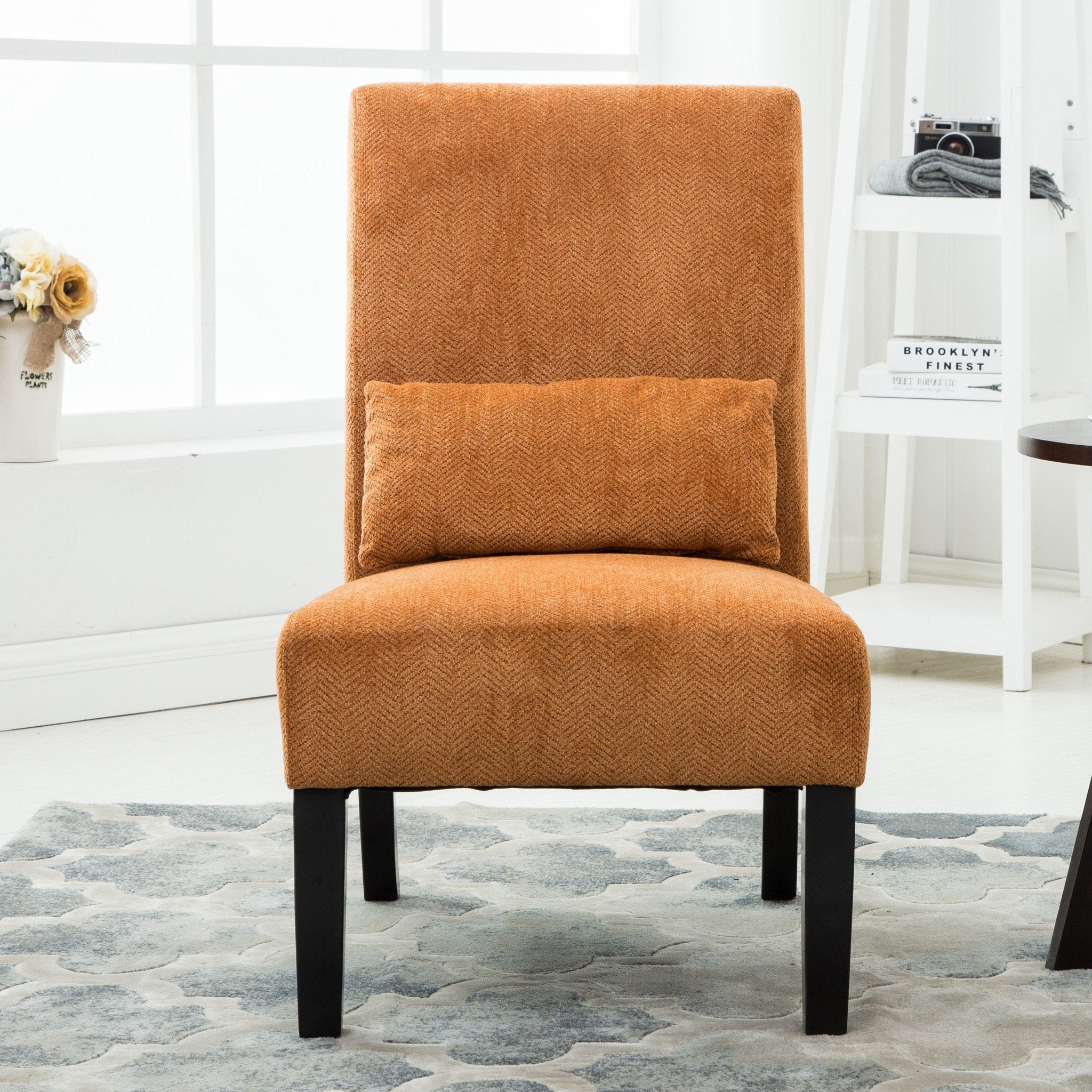 Roundhill Furniture Pisano Chenille Fabric Armless Contemporary Accent Chair with Matching Kidney Pillow - Modern Living Room Seating for Small Spaces, Home Office & Reading Nook