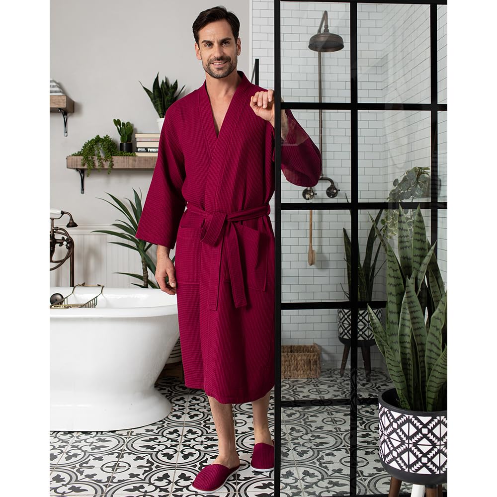 Luxury Soft Waffle Weave Cotton Bathrobe for Men - Premium SPA Quality Linen Robe - Perfect for Relaxation, Lounging & After Shower Comfort