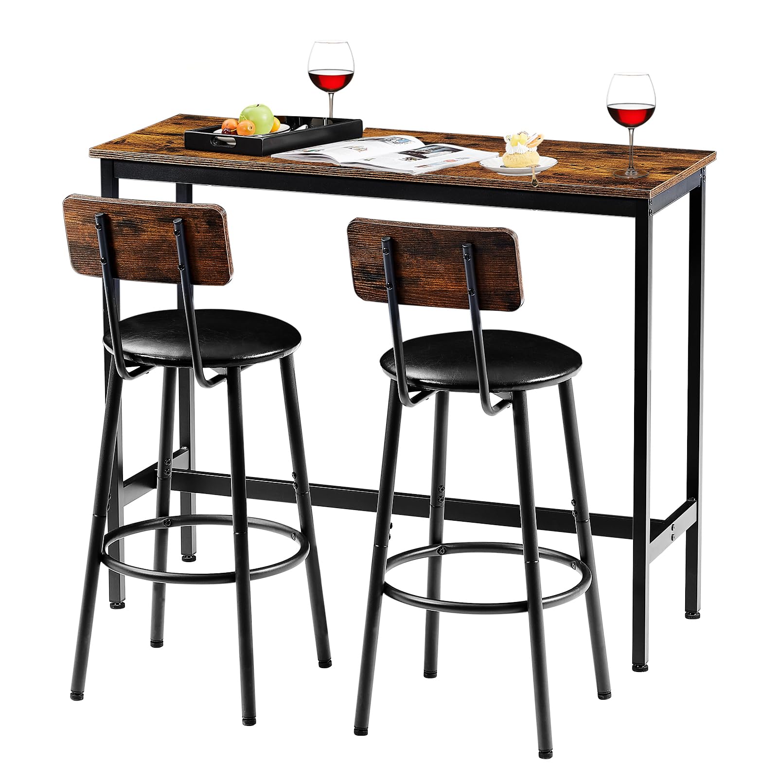 Industrial 3-Piece Bar Table Set with 2 Stools - Tatub Counter Height Small Dining Table & Chairs in Brown | Perfect for Kitchen, Breakfast Nook & Small Space Living