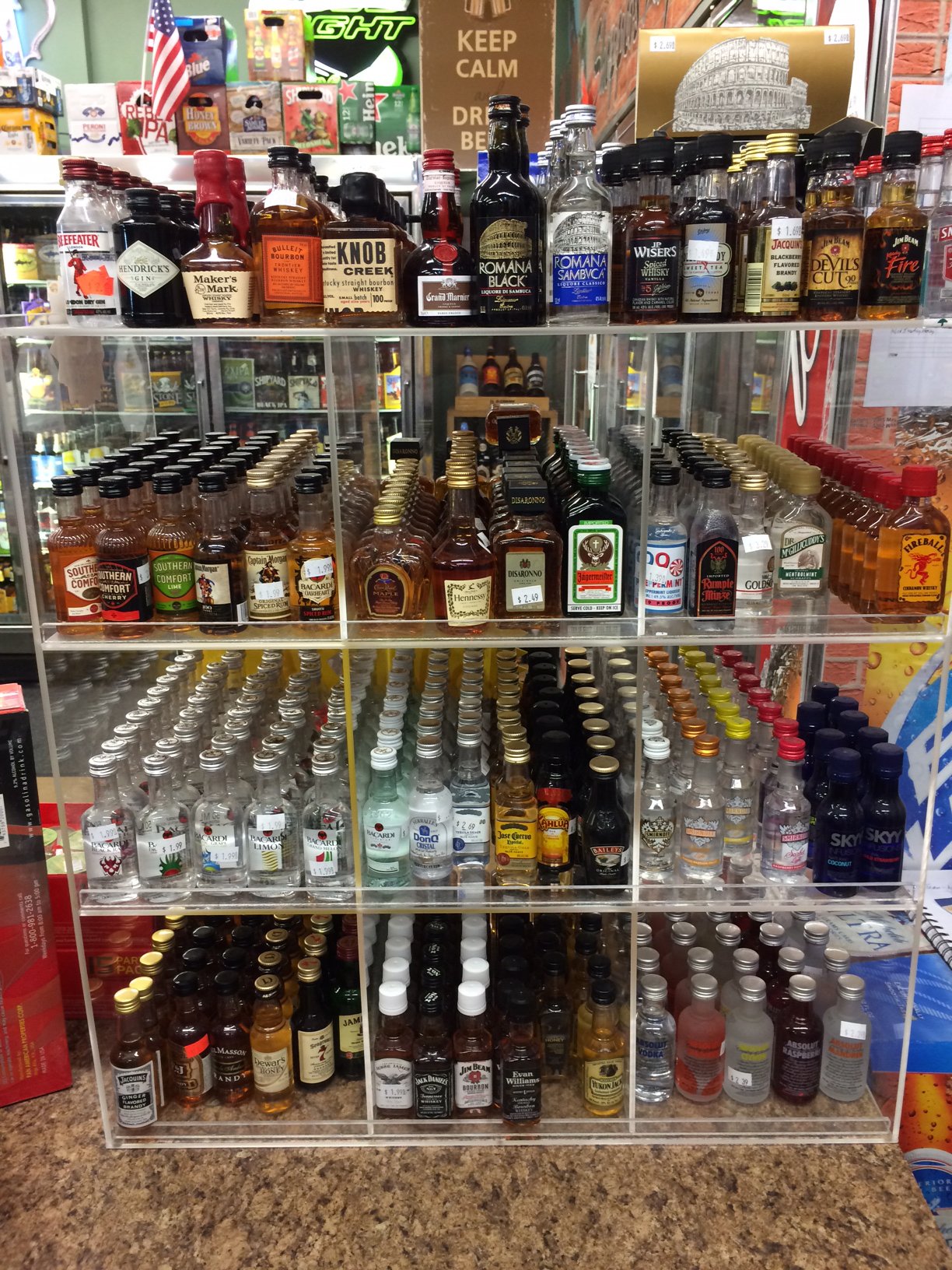 50ml Mini Liquor Sampler Bottles - Clear Commercial Display for Shots, Airplane Bottles & POS Items - Perfect for Bars, Restaurants & Retail Stores
