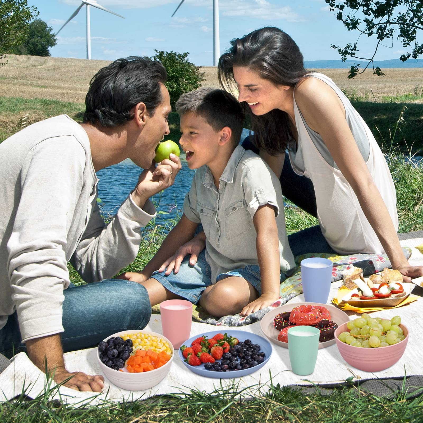 Eco-Friendly Wheat Straw Dinnerware Set for 4 - 28-Piece Microwave Safe Plates, Bowls & Cutlery | Colorful BPA-Free Kitchen Dishes for College Dorm, Camping & Sustainable Home Dining