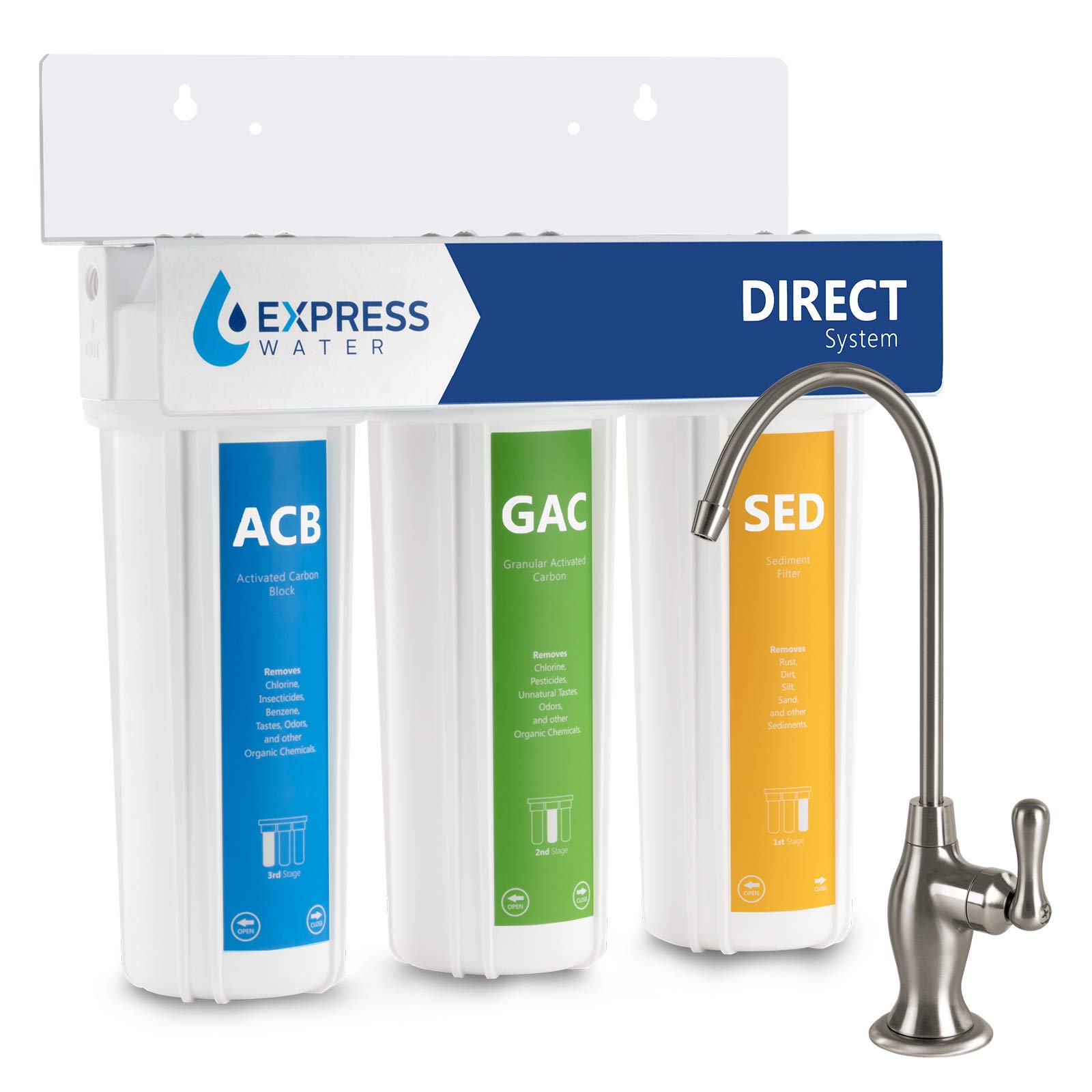 Express Water 3-Stage Under Sink Water Filtration System with Brushed Nickel Faucet - Sediment, Carbon Block & GAC Filters for Clean Drinking Water | Kitchen & Home Use
