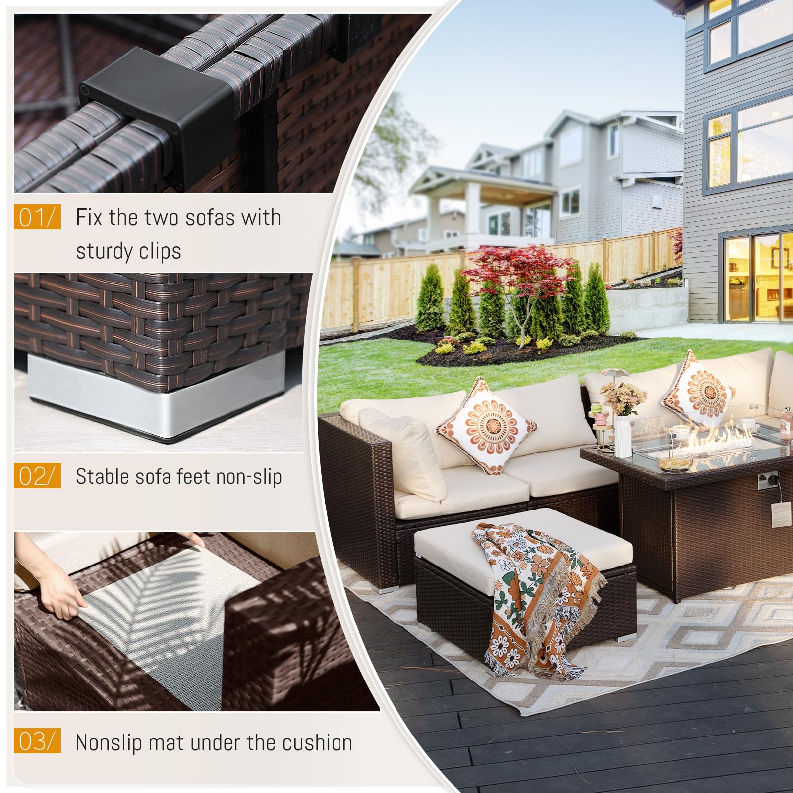 BLUEXYARD 7-Piece Brown PE Rattan Outdoor Patio Furniture Set with Fire Pit Table - High Back Wicker Sectional Sofa Conversation Set for Backyard, Garden, Poolside (Beige) - Perfect for Entertaining, Relaxing & Outdoor Gatherings