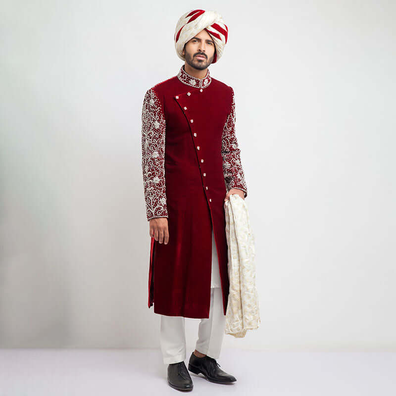 Elegant Burnt Red Velvet Sherwani for Men | Slim Fit Indian Wedding Attire | Perfect for Groom Outfits, Festivals & Special Occasions