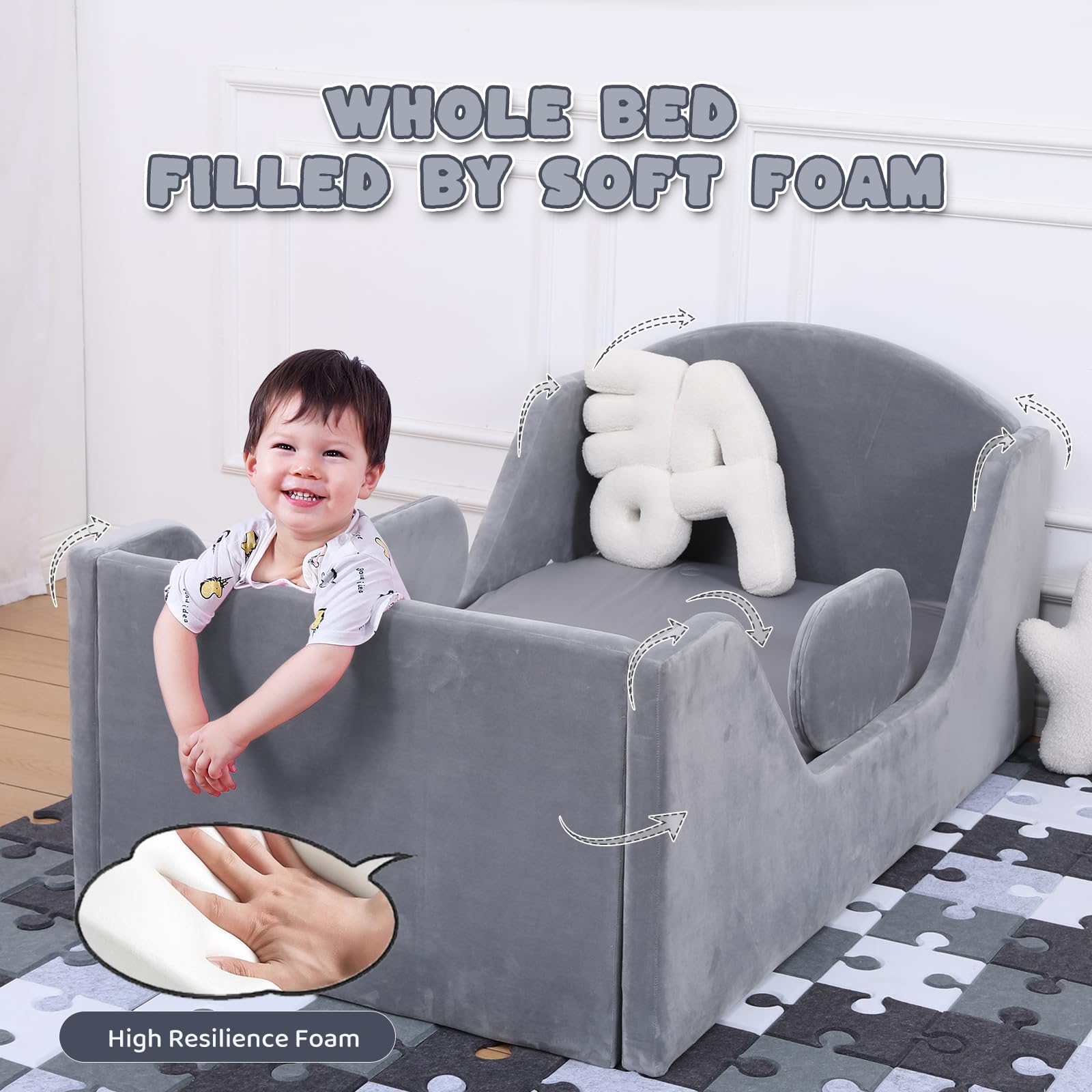 Round Toddler Bed with Safety Rail & Upholstered Headboard - Standard Crib Size Floor Bed for Kids 18 Months to 6 Years (Gray, No Mattress) | Safe Transition Bed for Montessori Room, Daycare or Nursery
