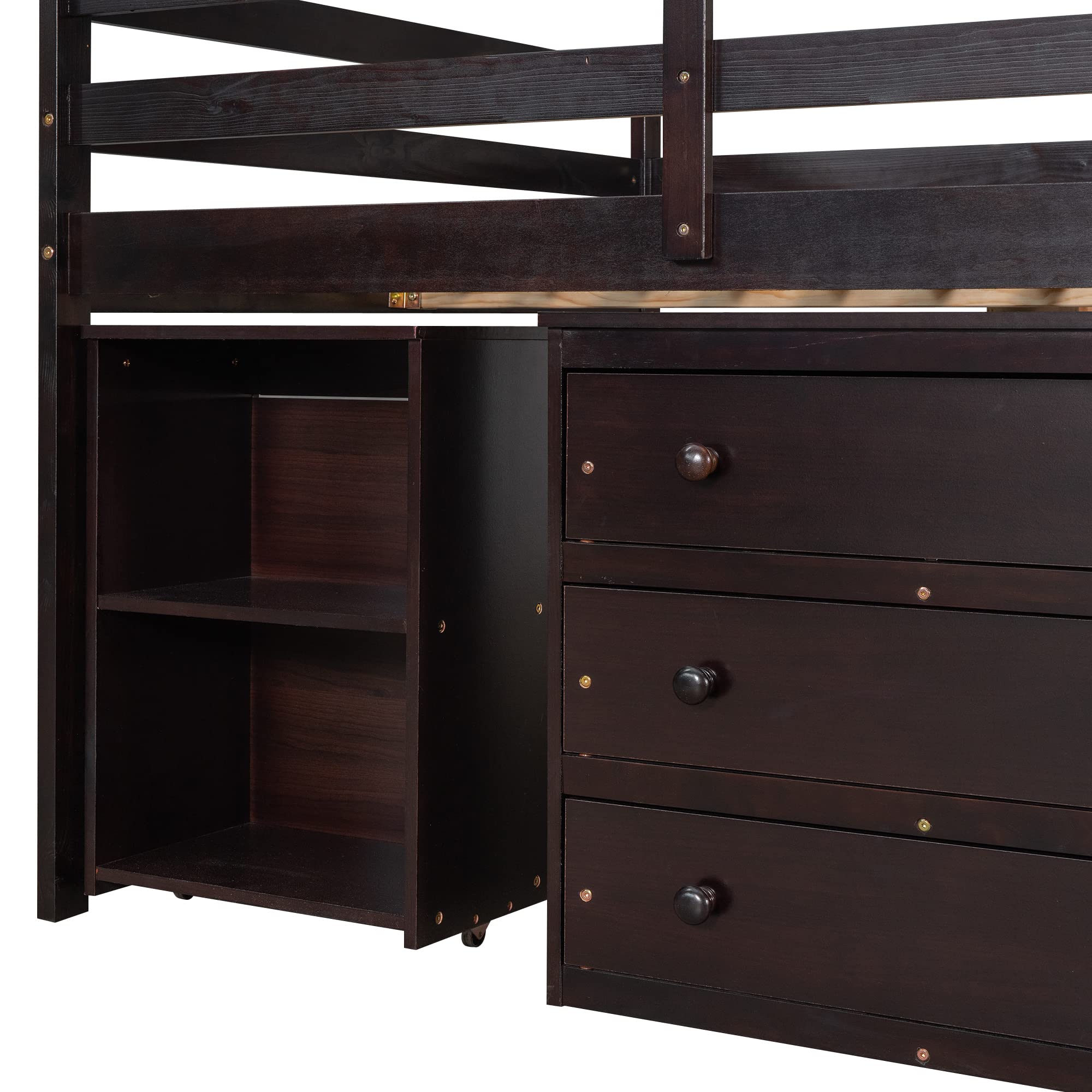 Full Loft Bed with Desk & Storage Drawers - Low Study Kids Loft Bed with Safety Guard Rails & Bookcase Shelf - Espresso Finish - Perfect for Small Bedrooms, Dorms & Kids' Rooms