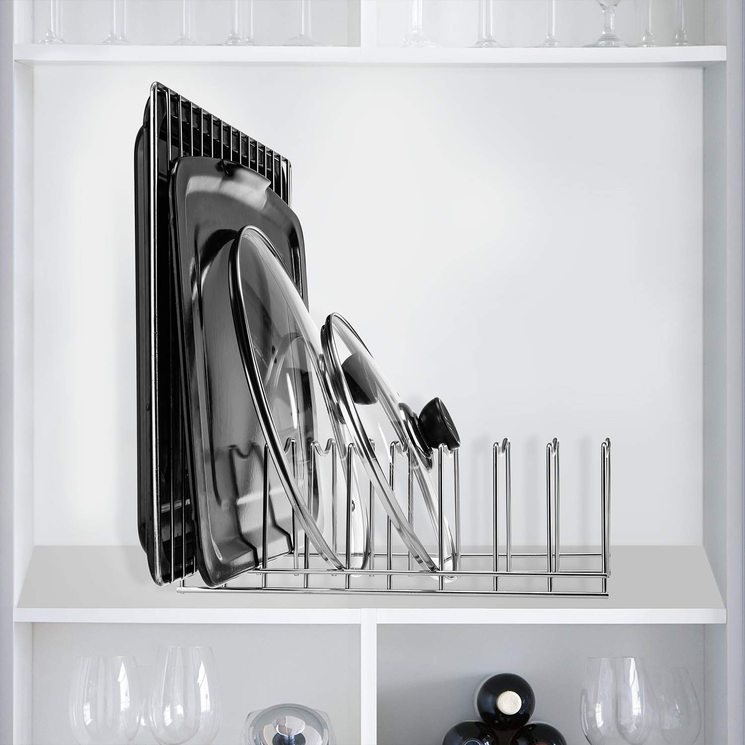 Stainless Steel Pot Lid Organizer & Kitchen Rack Holder - Space Saving Storage for Lids, Cutting Boards, Baking Sheets & Serving Trays (Silver, 2-Pack) - Perfect for Pantry, Cabinet & Kitchen Organization