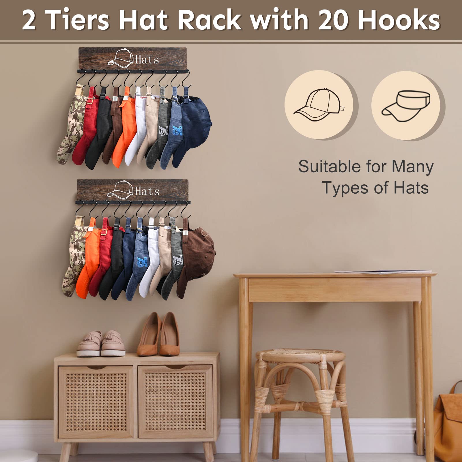 FANGSUN Wooden Wall Mounted Hat Rack with 20 Hooks - Rustic Metal Baseball Cap Organizer & Display for Closet, Bedroom, Entryway - Set of 2 - Perfect for Organizing Caps, Hats, and Accessories in Small Spaces