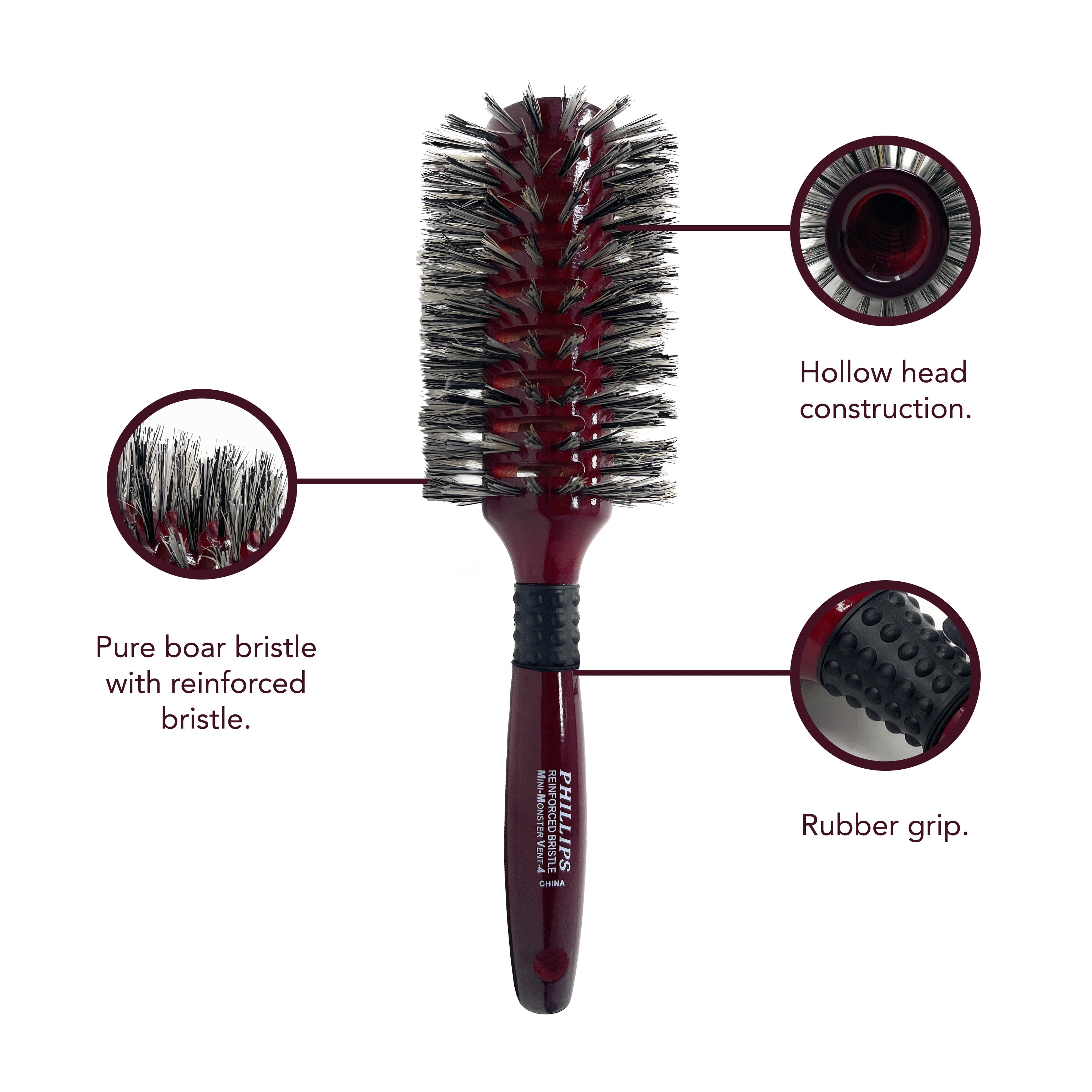 Phillips Brush Monster Vent Barrel Hair Brush with Wood Handle - Detangling & Styling for All Hair Types - Perfect for Home, Salon & Travel Use