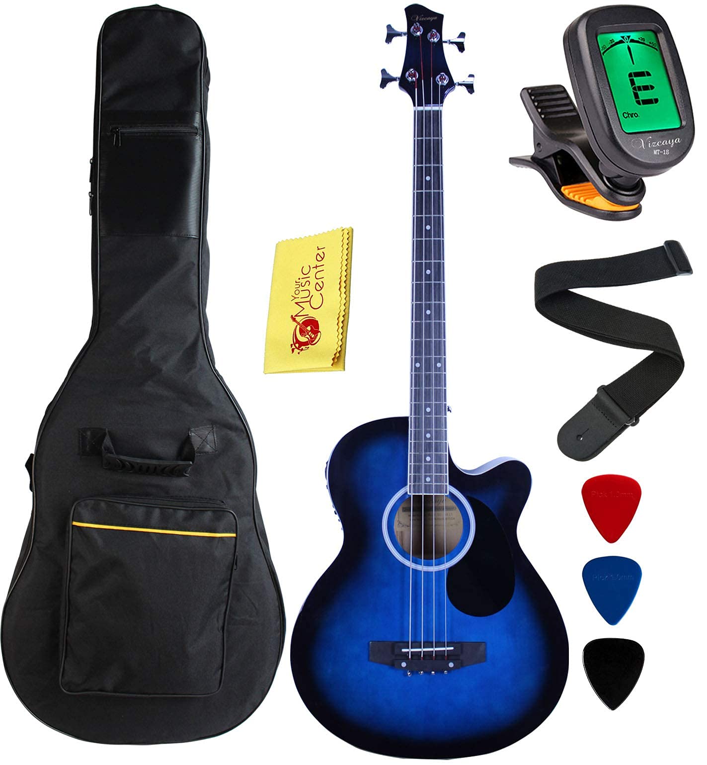 YMC 4-String Cutaway Acoustic-Electric Bass Guitar with 4-Band EQ, Adjustable Truss Rod - Includes Gig Bag, Strap & Picks (Blue) | Perfect for Live Performances, Studio Recording & Practice Sessions