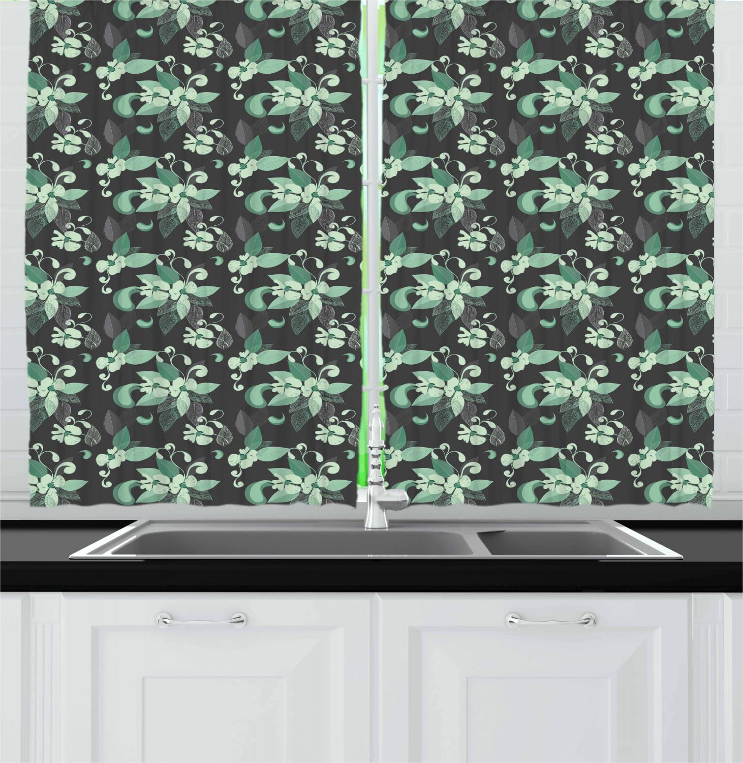Ambesonne Grey and Green Long Kitchen Curtains - Abstract Floral Design with Blossoming Leaves, 2 Panel Rod Pocket Drapes 55x45 inches - Perfect for Farmhouse, Cottage & Vintage Style Home Decor (Grey Mint Green)