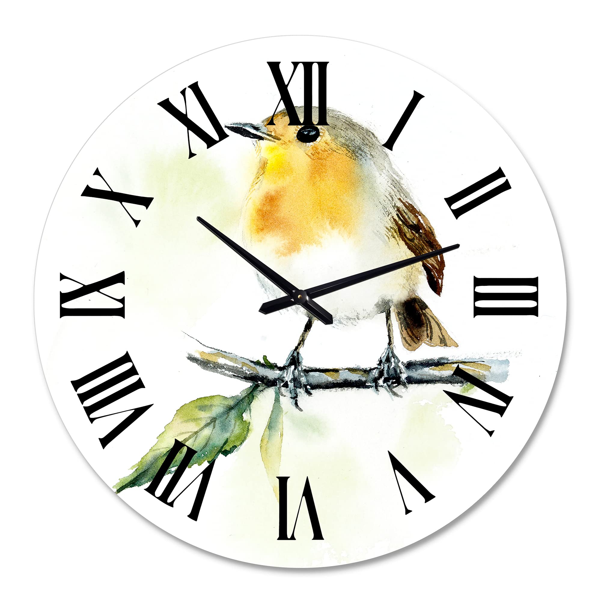 DesignQ Traditional Wall Clock - 'Little Robin Bird On A Branch' Large Decorative Clock for Living Room, Bedroom & Office | Silent Non-Ticking Home Décor | Perfect Gift for Nature Lovers