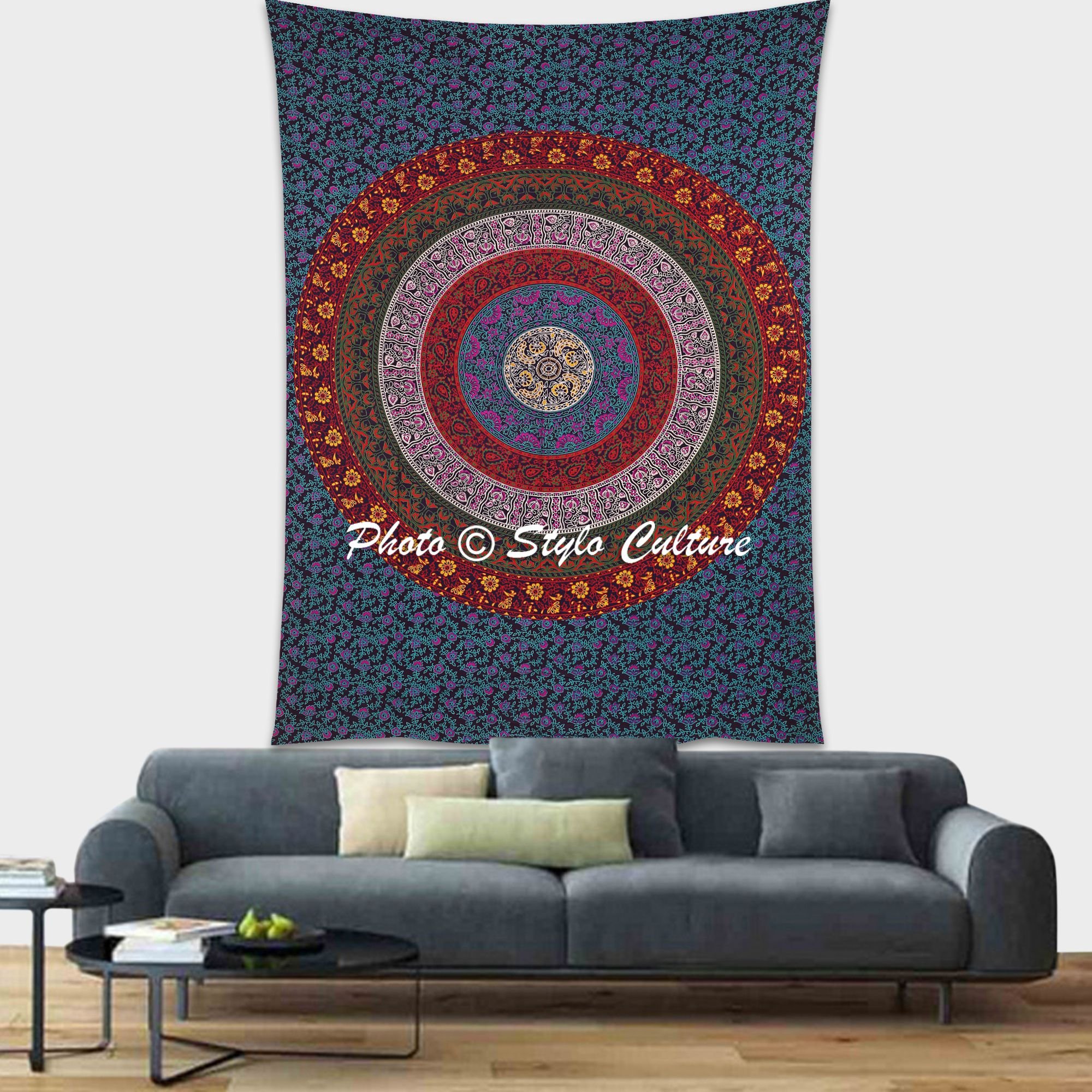 Bohemian Blue Leaves Mandala Wall Tapestry - Indian Yoga Meditation Decor, Printed Twin Size Wall Art for Bedroom & Living Room - Perfect for Meditation Spaces, Yoga Studios and Boho Home Decor