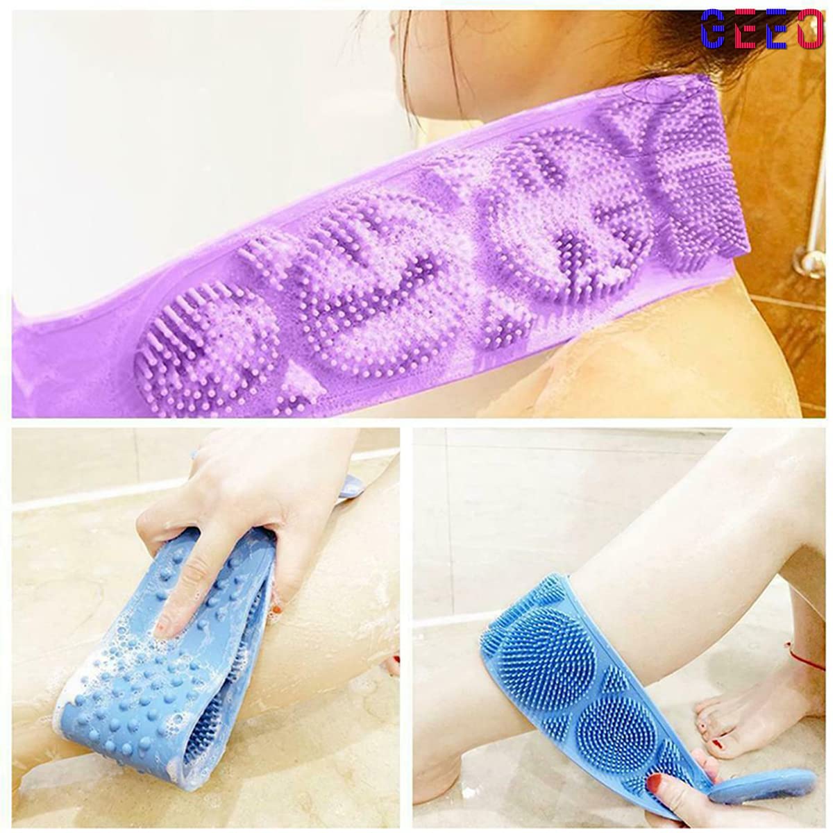 GEEO Silicone Body Scrubber Belt - Dual-Sided Exfoliating Shower Scrubber for Deep Cleansing, Replaces Bath Towel & Loofah - Perfect for Spa, Gym, and Home Shower Routine