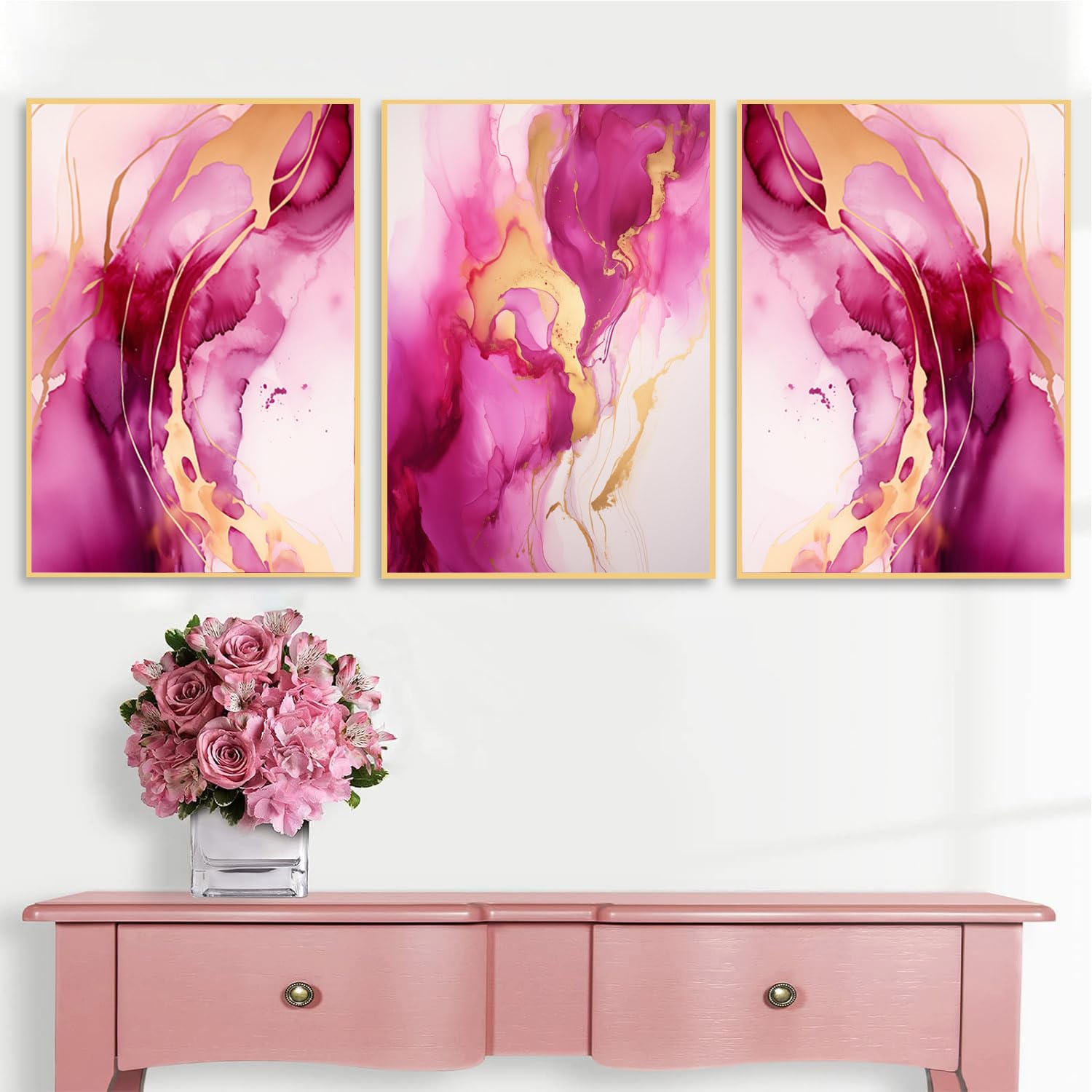 Pink Gold Marble Abstract Wall Art - 16x24in Unframed Canvas Print for Living Room, Bedroom & Office Decor - Modern Pink White Gold Abstract Painting with Purple Accents