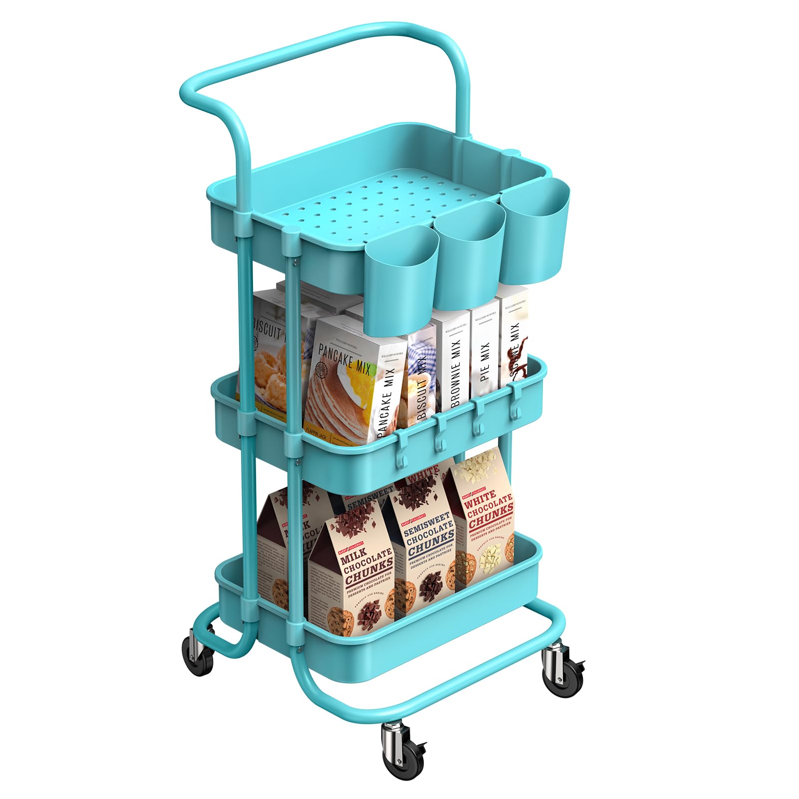 ALVOROG 3-Tier Rolling Utility Cart with Wheels - Multifunctional Mobile Storage Organizer with Hanging Cups for Kitchen, Office, Coffee Bar, Salon & Dorm Room - Blue Service Cart for Easy Organization & Transport