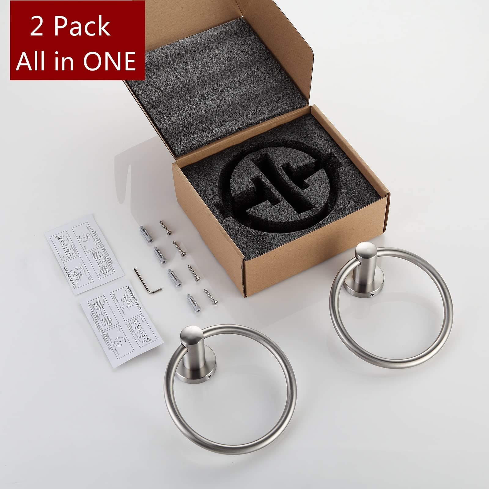 Brushed Nickel Towel Ring Set of 2 - Modern Stainless Steel Bathroom Hand Towel Holder - Perfect for Powder Rooms, Guest Bathrooms & Spa-Style Decor