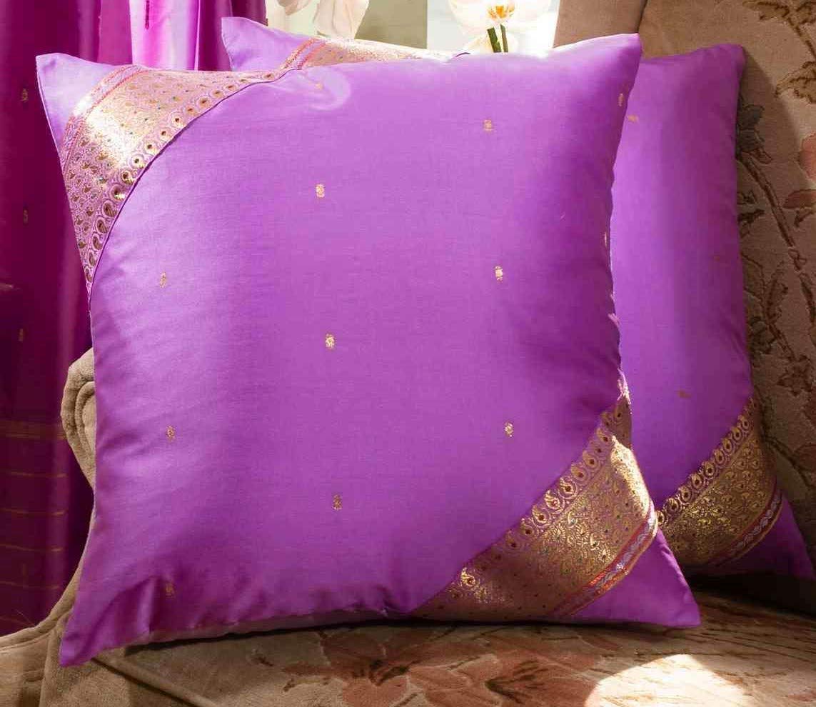 Handmade Lavender Sari Cushion Covers Set of 2 - 24x24 Inch Bohemian Throw Pillow Covers with Zipper | Soft Indian Sari Fabric for Sofa, Bed, Living Room Decor | Perfect for Home, Yoga Studio & Meditation Space