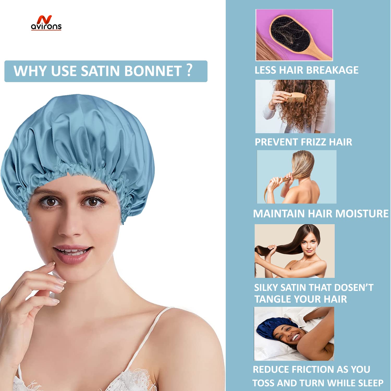 Avirons Pure Satin Silk Hair Bonnet Cap for Women & Girls - Double Layer Sleeping Hair Cover with Scrunchies & Eye Mask | Soft Hair Protection for Nighttime, Travel & Home Use | Prevents Breakage & Frizz