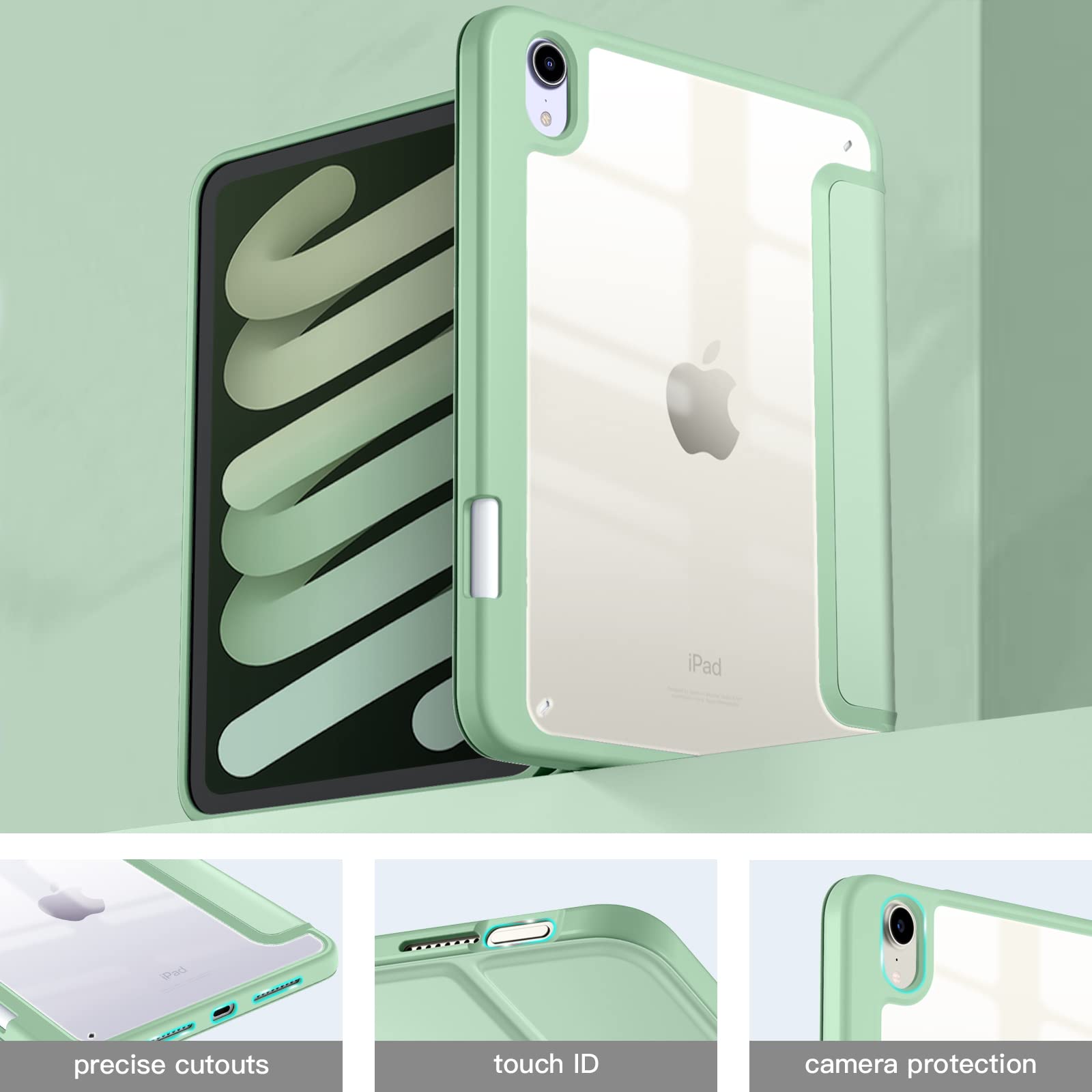 Mastten iPad Mini 7 Case with Pencil Holder - Slim Hybrid Clear Protective Cover for iPad Mini 7th/6th Generation (2024/2021 8.3 Inch) | Auto Wake/Sleep | Matcha Green | Perfect for Kids, Students & Professionals