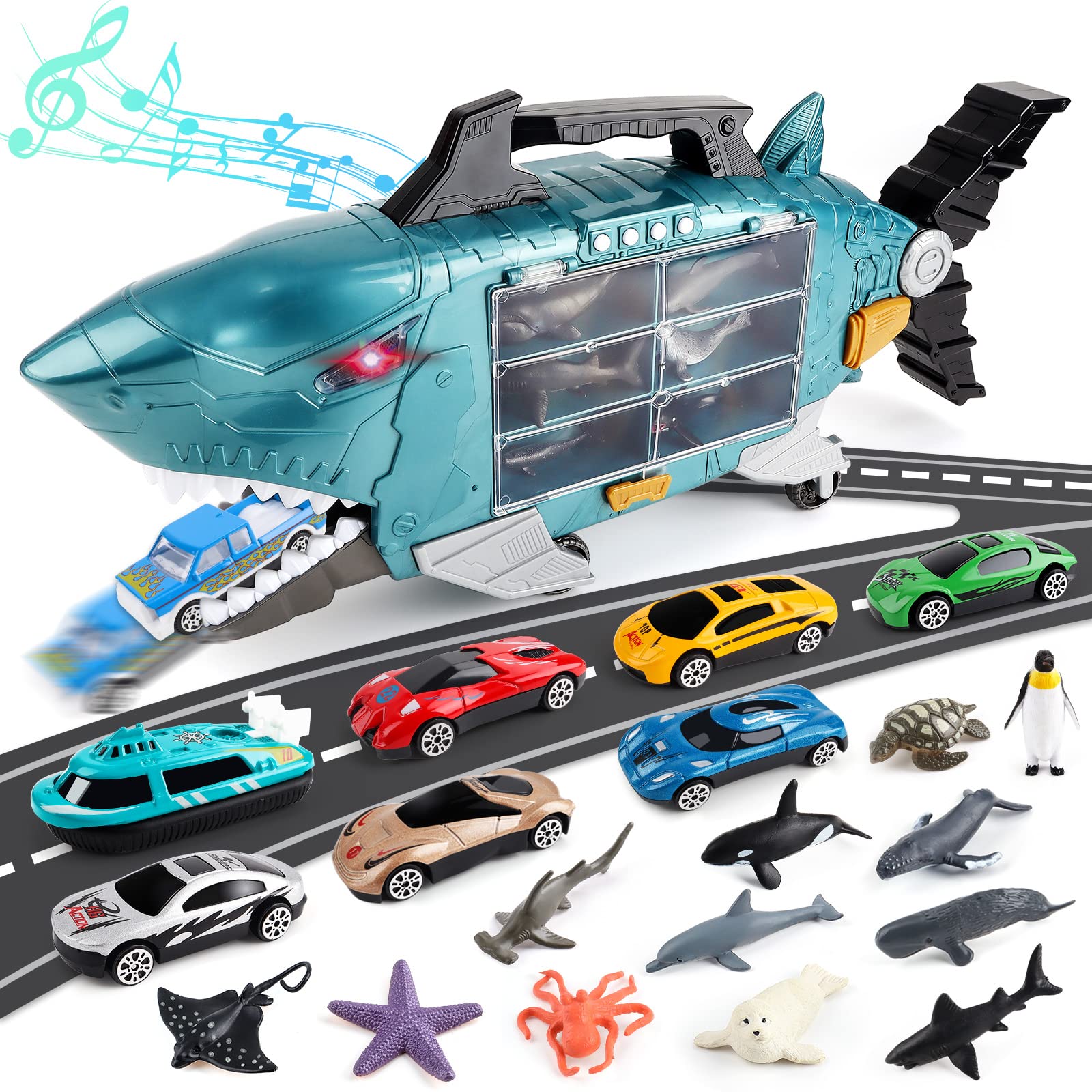 deAO Shark Truck Toy Set with 8 Animal Toys - Light & Sound Effects, Interactive Play Vehicle for Toddlers & Kids - Perfect Birthday Gift for Boys & Girls (Great for Pretend Play, Role-Playing & Learning Fun)