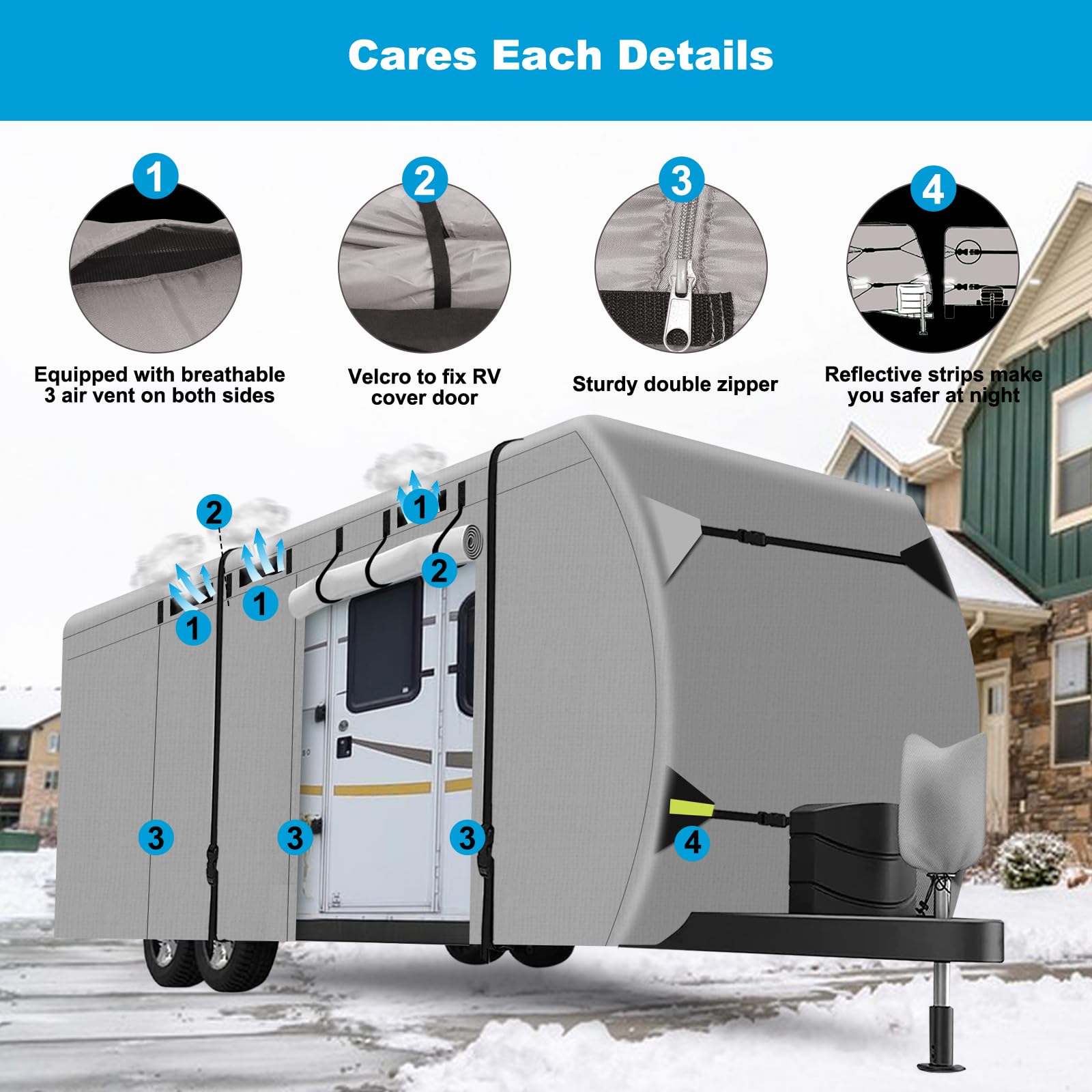 Upgraded 300D Oxford Fabric RV Travel Trailer Cover (14-16 FT) - Waterproof Camper Cover with Tongue Jack Cover & Windproof Ropes | Heavy-Duty Protection for Outdoor Storage & Winter Use