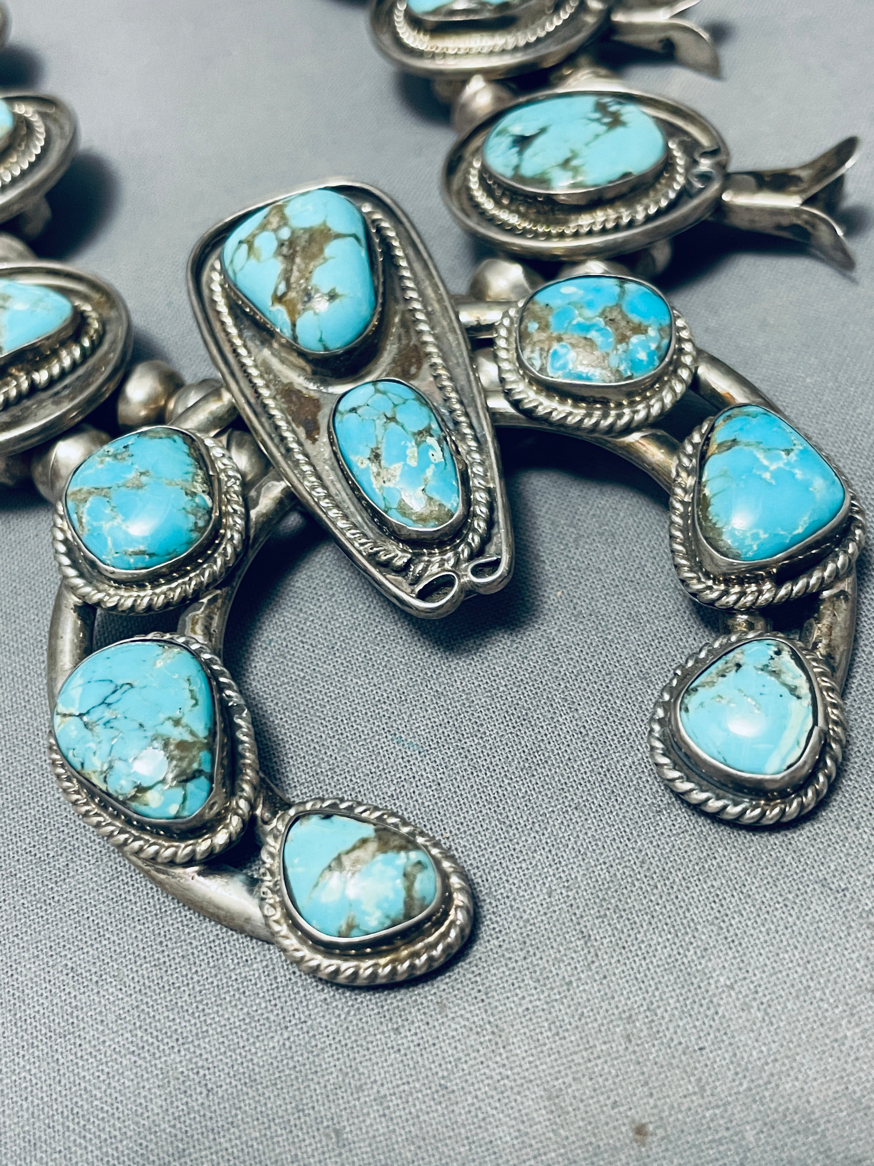 Authentic Vintage Navajo Sterling Silver Squash Blossom Necklace with Turquoise - 200g Handmade Native American Jewelry for Women - Perfect for Boho Fashion, Weddings & Special Occasions