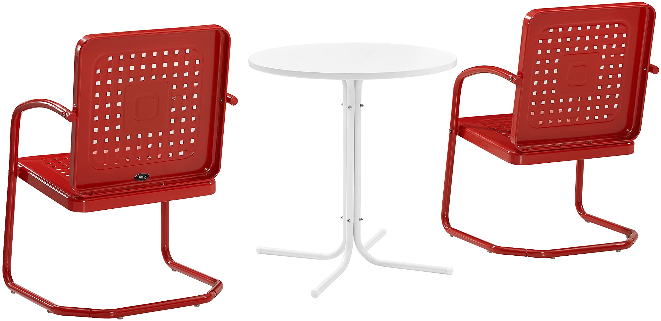 Crosley Furniture Bates 3-Piece Outdoor Bistro Set - Retro Metal Patio Dining Table and Chairs in Bright Red Gloss & White Satin for Garden, Porch, Backyard & Outdoor Entertaining