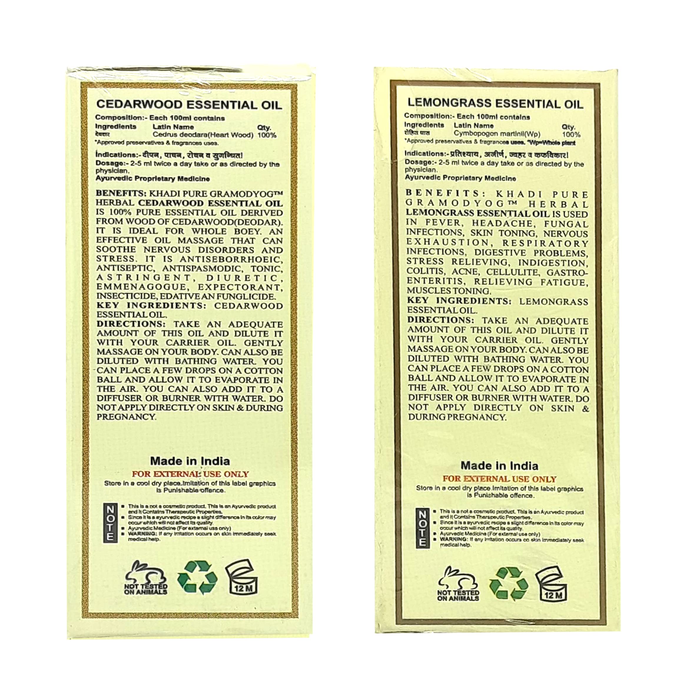 Khadi Pure Cedarwood & Lemongrass Essential Oil - 100% Natural Aromatherapy Oil, 15ml (2 Pack) for Relaxation, Stress Relief & Home Diffuser