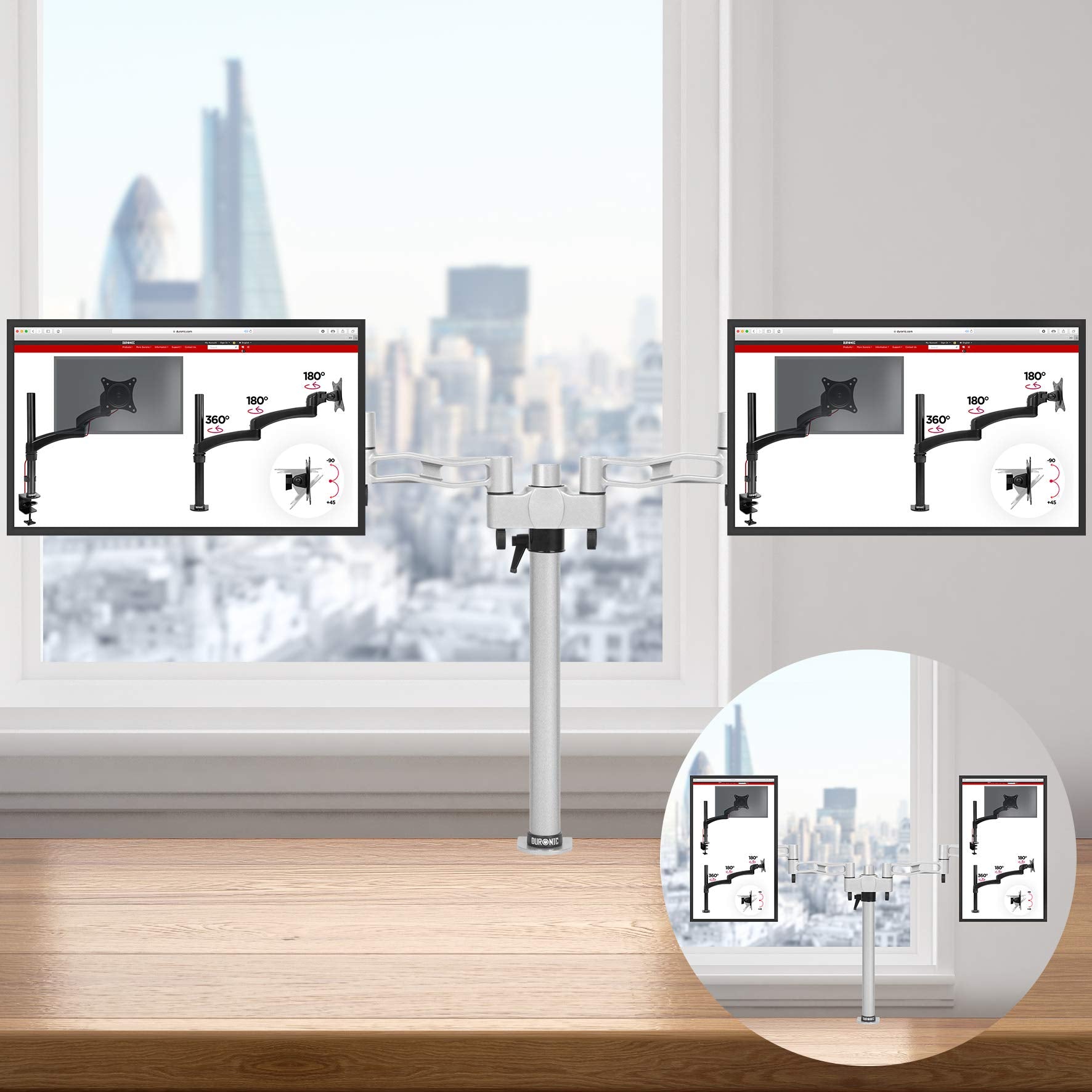 Duronic DM352 Dual Monitor Stand - Adjustable Silver Twin Monitor Arm for 13-27