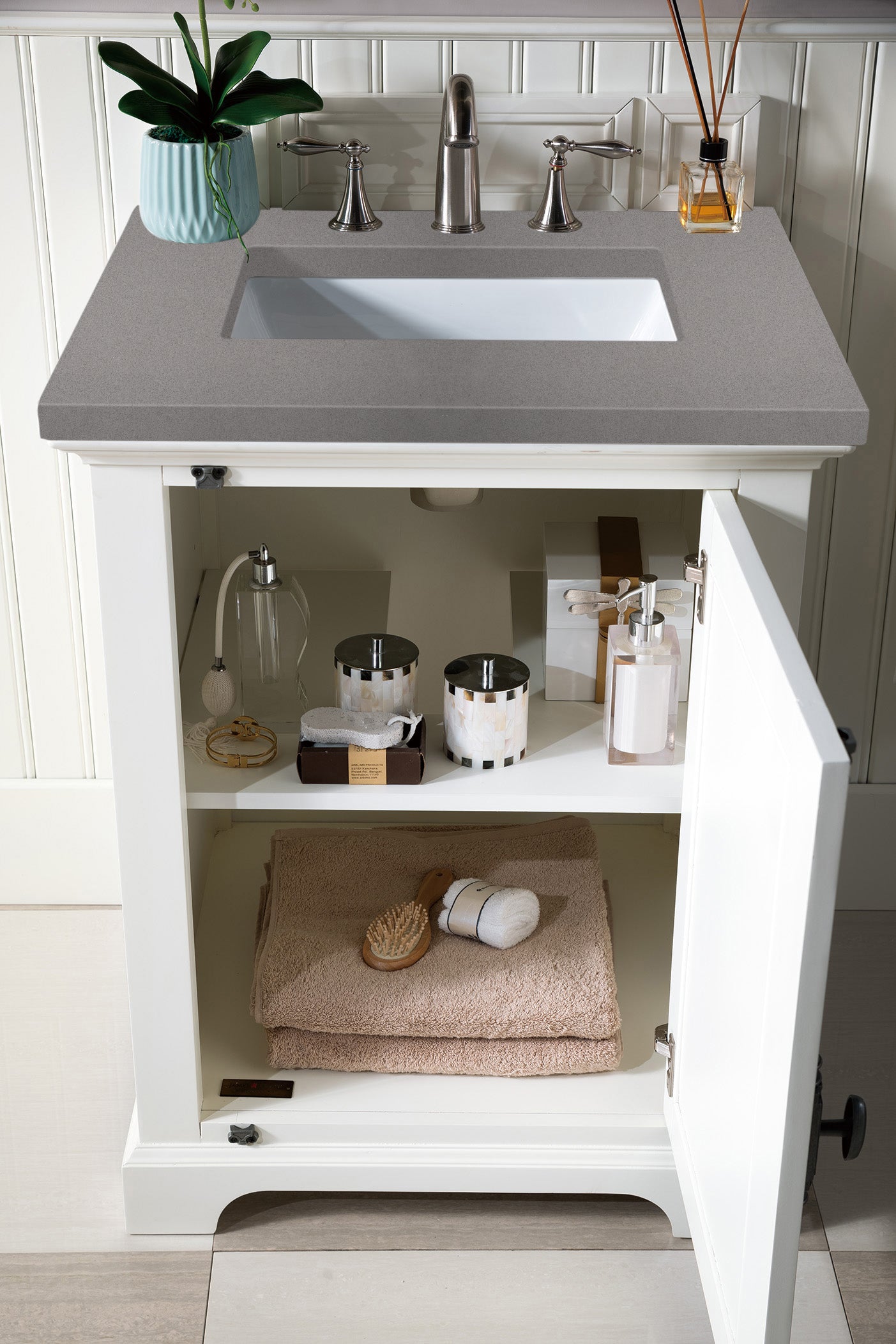 Providence 26 Inch Single Bathroom Vanity Cabinet with 3CM Grey Expo Quartz Countertop - Bright White Finish for Modern Bathroom Remodeling & Home Upgrade