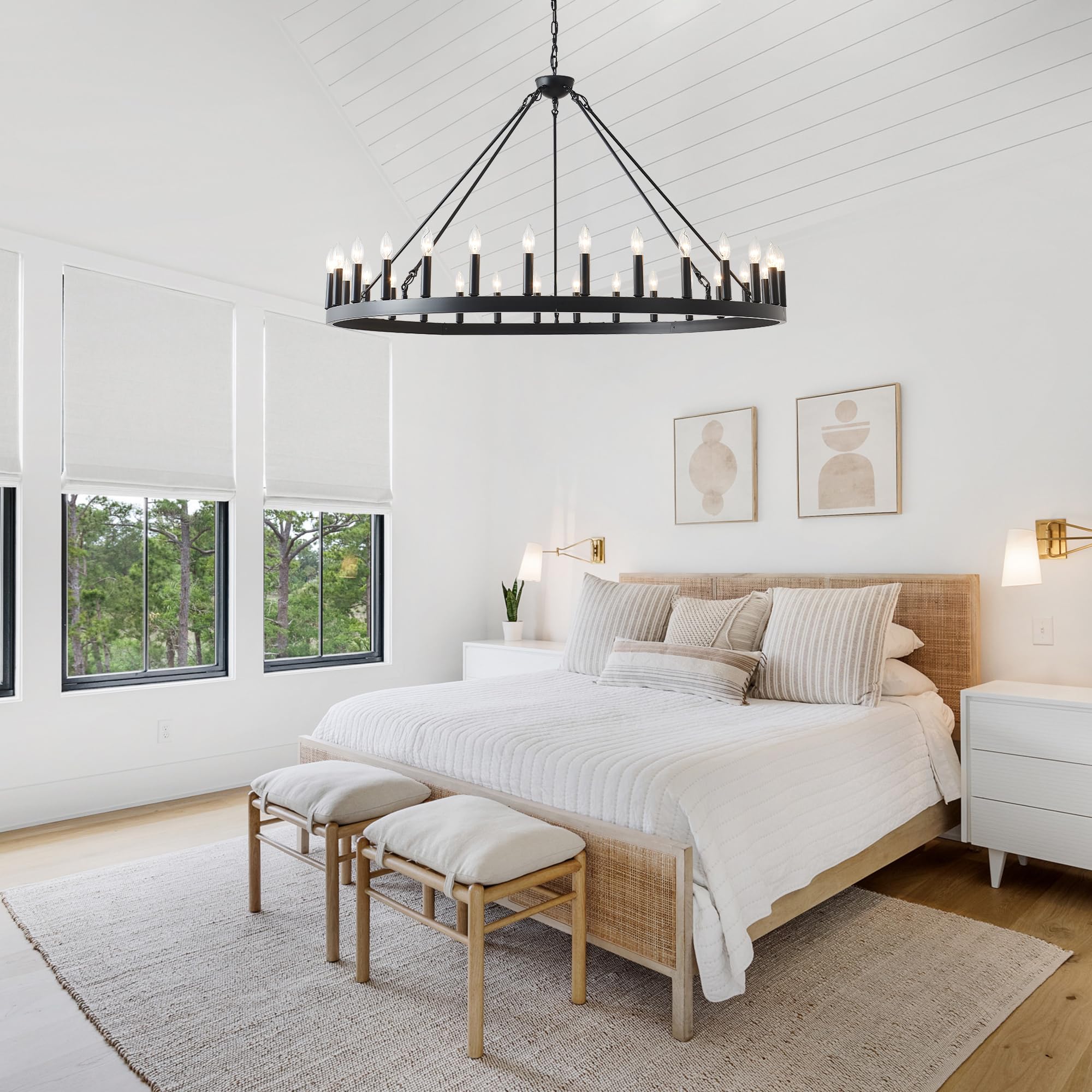 53 Inch Black Extra Large Wagon Wheel Chandelier - 30-Light Farmhouse Industrial Round Pendant Light with Adjustable Chain for High Ceilings | Perfect for Dining Room, Living Room, Foyer, and Rustic Home Decor
