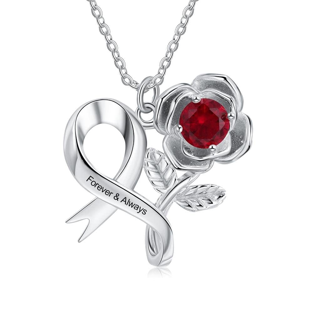 Personalized Heart Necklace with Rose Decoration & Simulated Birthstones - Custom Name Jewelry for Women, Gift for Her, Valentine's Day, Anniversary, Birthday, Mother's Day