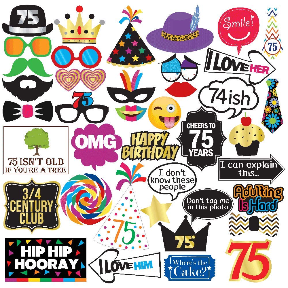 75th Birthday Photo Booth Props Kit - 40-Piece Set for 75 Year Old Birthday Party Decorations, Favors & Supplies | Perfect for Milestone Celebrations, Senior Parties & Golden Anniversary Events