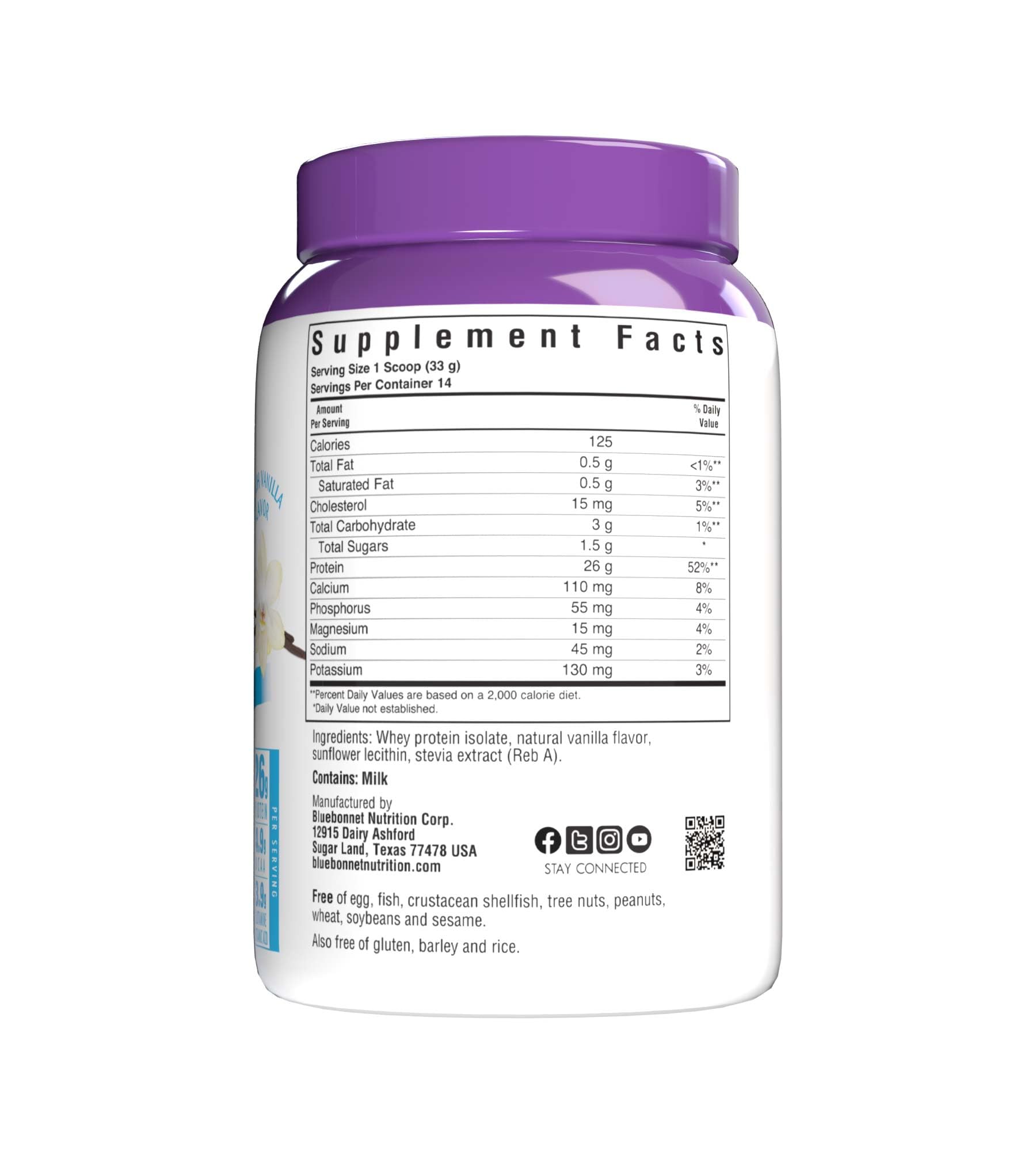 Bluebonnet Grass Fed Whey Protein Isolate Powder - 26g Protein, BCAA Amino Acids for Energy & Muscle Recovery - Gluten Free, Non-GMO, Soy Free Vanilla Flavor - 14 Servings for Men & Women - Perfect for Post-Workout, Weight Management & Healthy Lifestyle