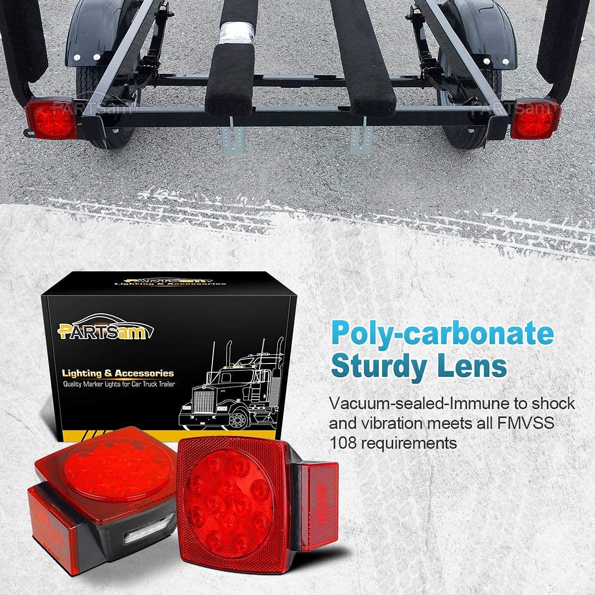 Partsam 12V LED Boat & Trailer Light Kit - Waterproof Square Submersible Lights with Stop/Tail/Turn Signals & 14.17