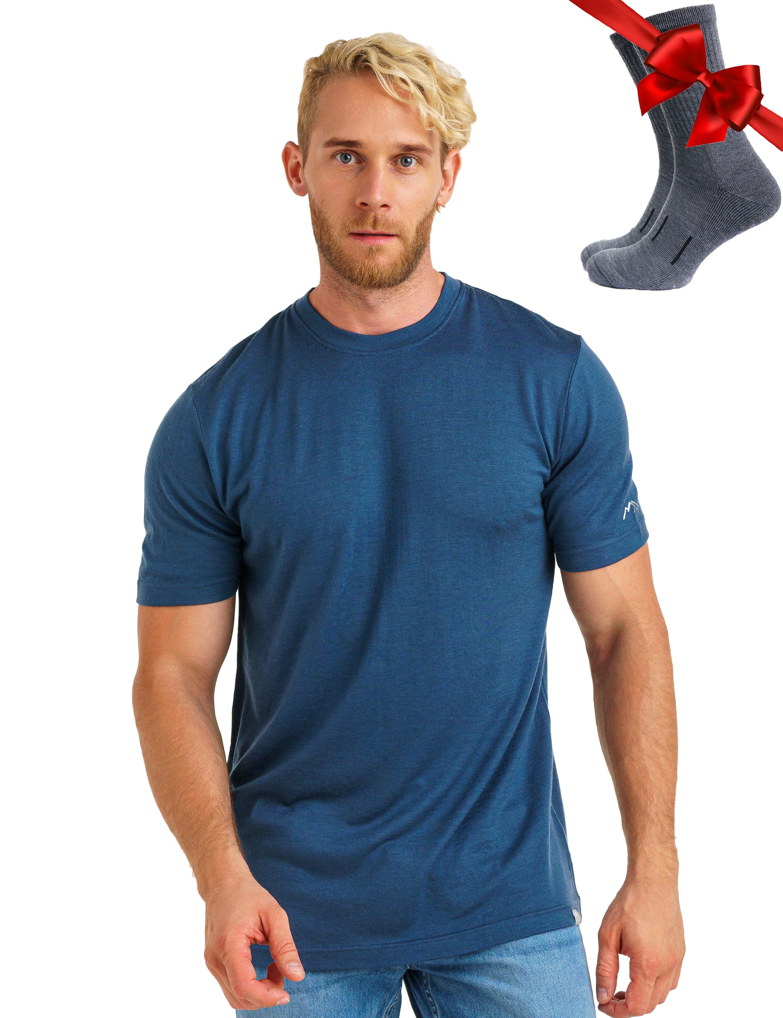 Premium Men's Merino Wool T-Shirt - 165 Denim Blue with Free Socks - Soft Breathable Base Layer for Hiking, Travel & Casual Wear