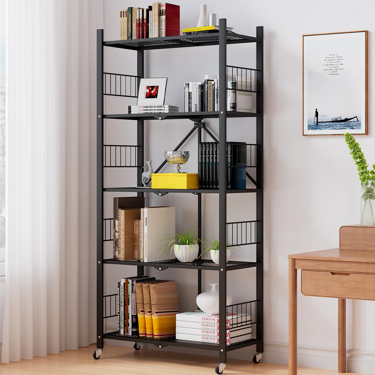 5-Tier Metal Folding Storage Shelves with Wheels - Heavy Duty Collapsible Shelving Unit, No Assembly Rolling Shelf for Garage, Kitchen, Pantry, Laundry Room & Closet Organization